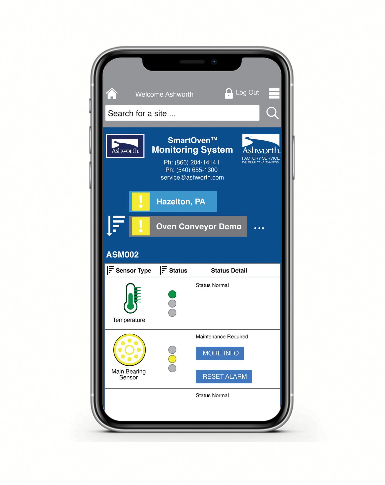 Mobile app showing Ashworth SmartOven Monitoring System, sensor data, and status alerts.