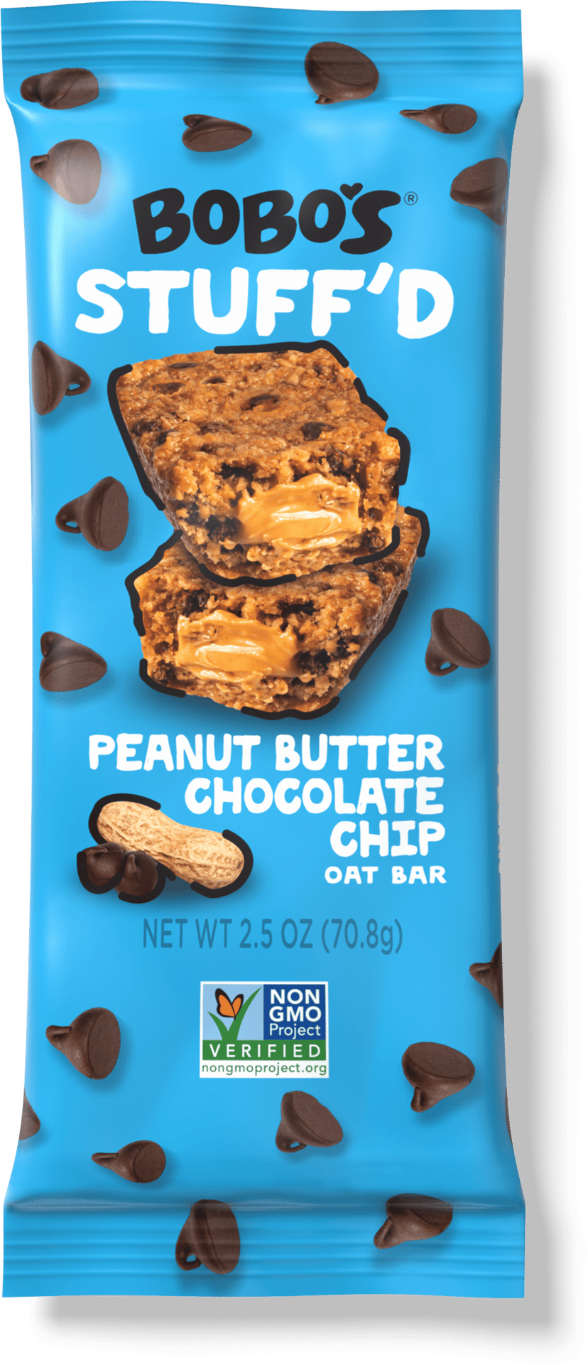A Bobo’s Stuff’d bar in Peanut Butter Chocolate Chip flavor, one bar in blue packaging