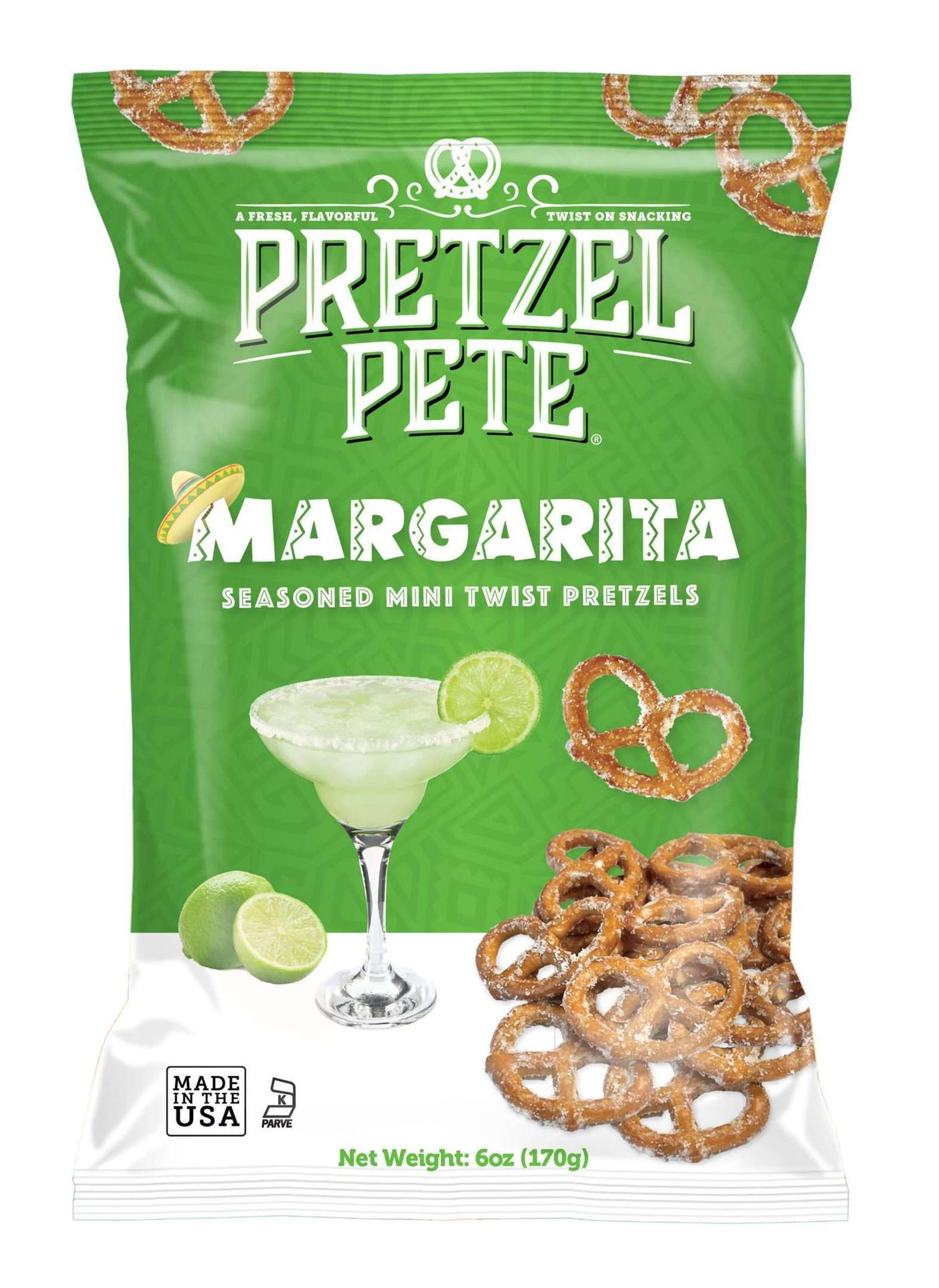 Pretzels, Bag, Product, Green, Margarita glass, Limes, Seasoned pretzels