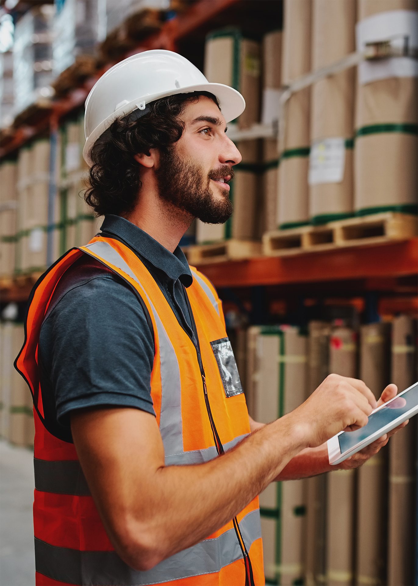 Worker, Beard, Tablet, Safety vest, Warehouse, Hard hat, Pallets