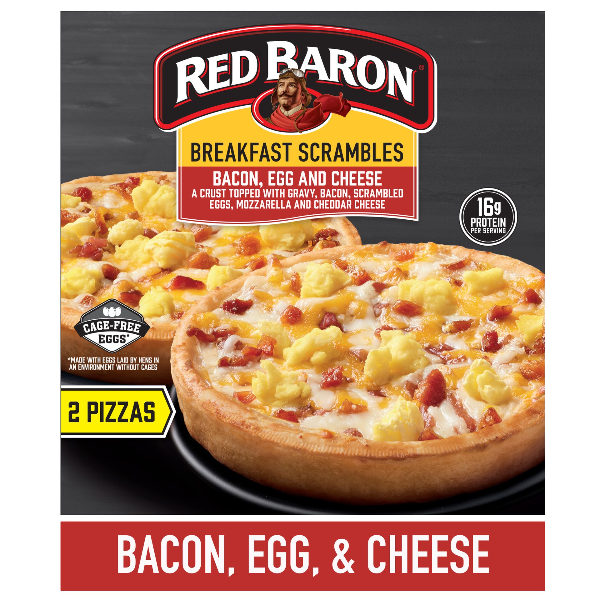 Red Baron Breakfast Scrambles box featuring two bacon, egg, and cheese pizzas. Highlights 16g protein and cage-free eggs.