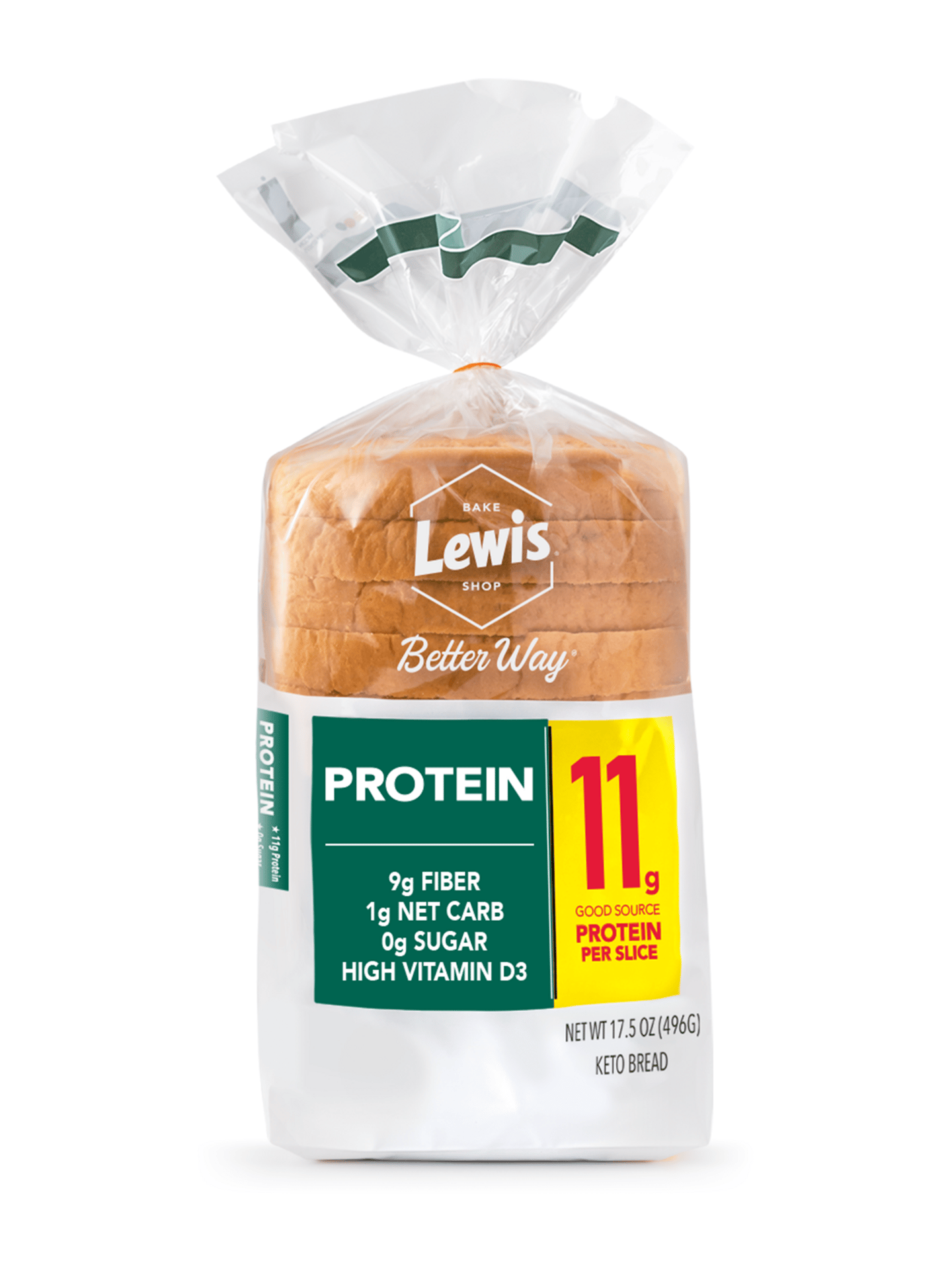 A loaf of Lewis Bake Shop Better Way Protein Keto Bread, highlighting 11g protein per slice, 9g fiber, and 1g net carb.
