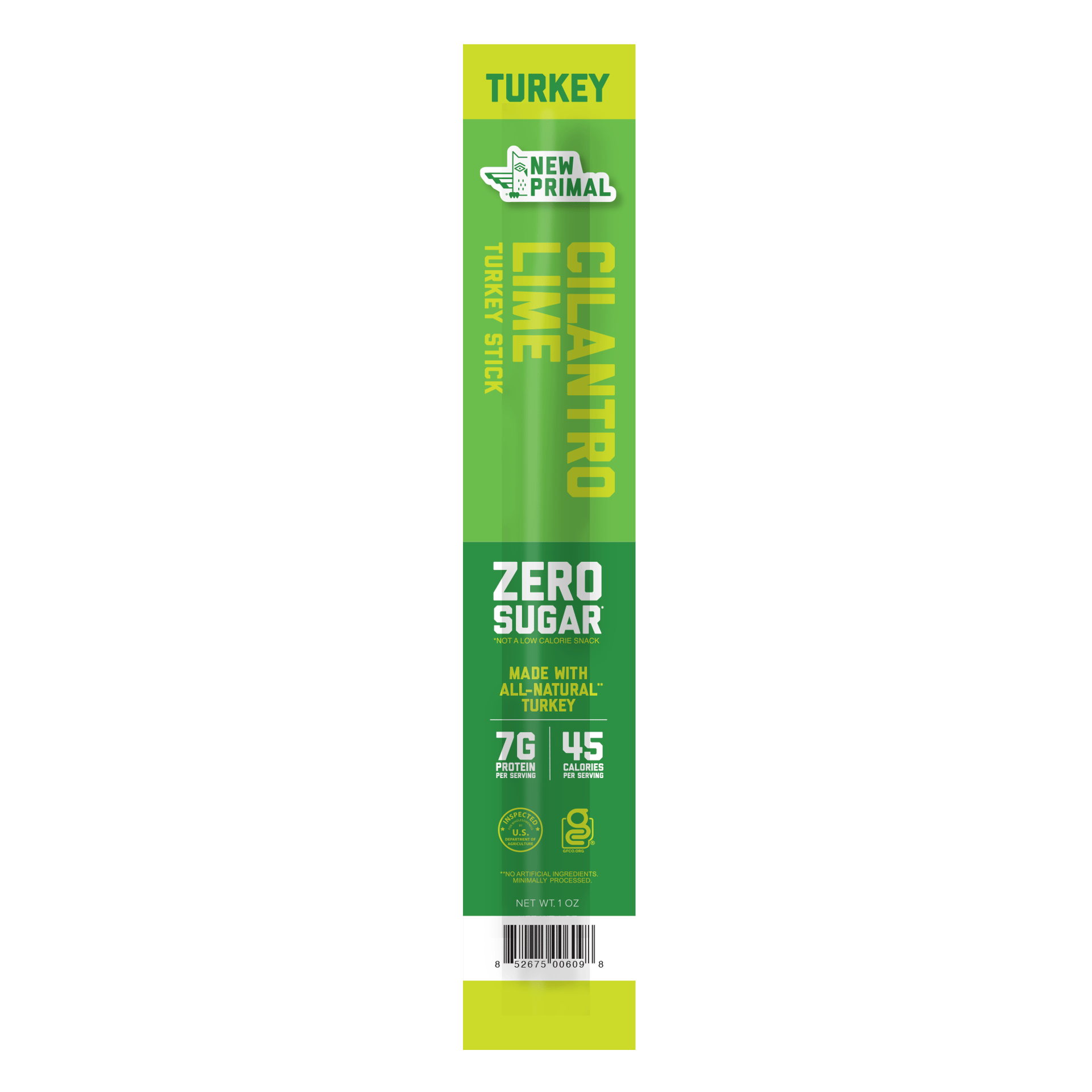 A green and yellow package for New Primal Cilantro Lime Turkey Stick, highlighting zero sugar, 7g protein, and 45 calories.