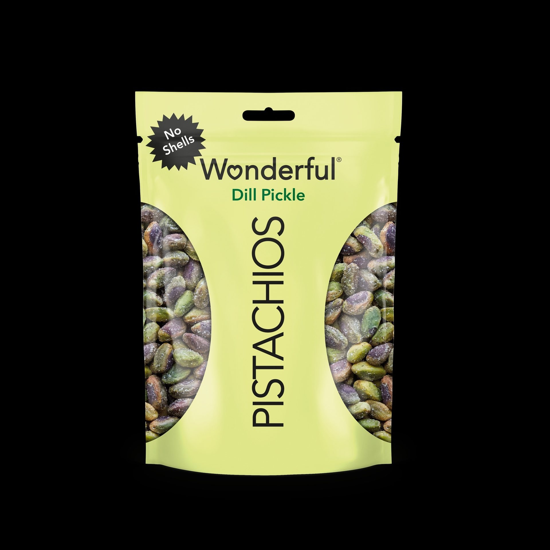 A light green pouch of Wonderful Dill Pickle Pistachios, labeled "No Shells," with visible pistachios.