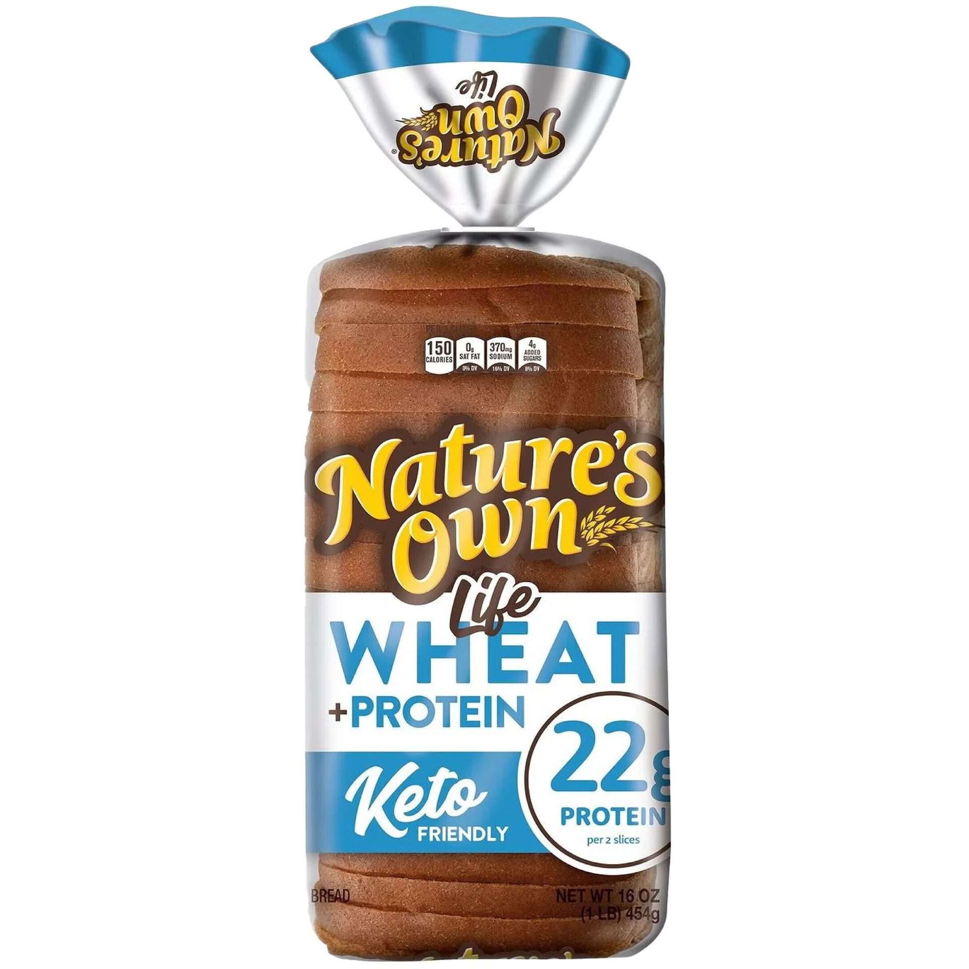 Nature's Own Life Wheat + Protein Keto Friendly Bread, a sliced loaf in a clear and blue package.