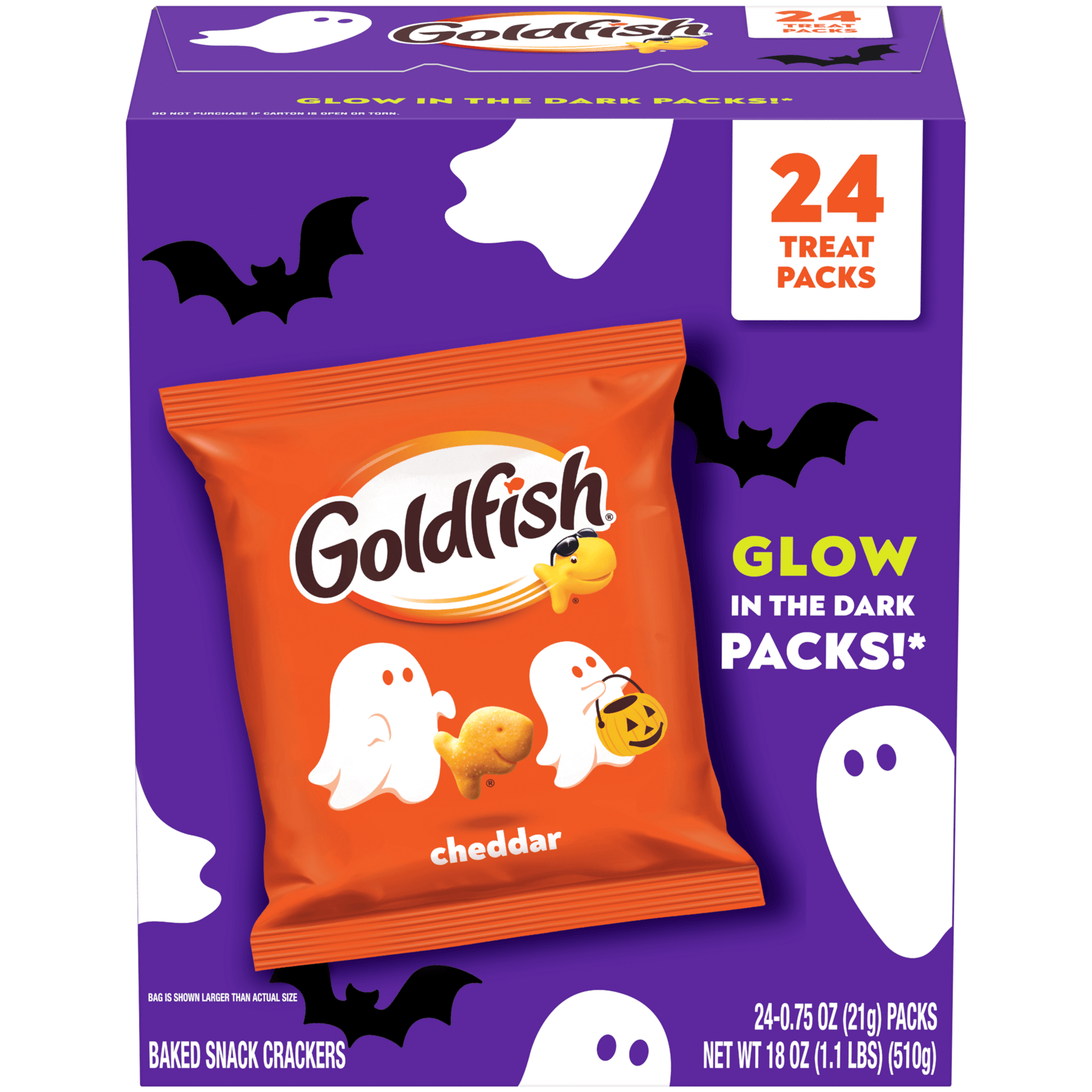 Goldfish Cheddar Halloween 24 Glow-in-the-Dark Treat Packs box with ghost and bat graphics.