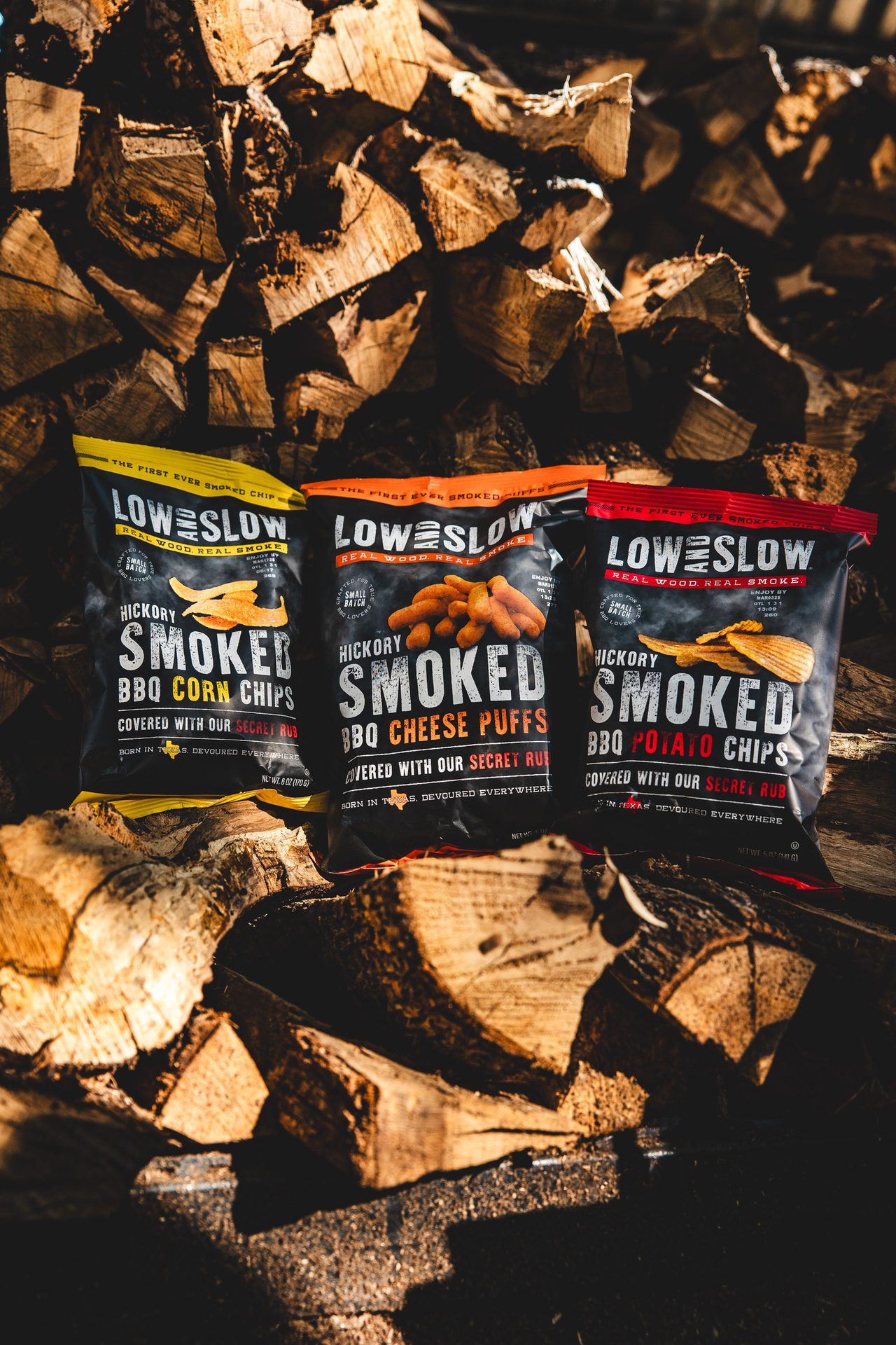 3 bag hero with product, Low and Slow Snacks