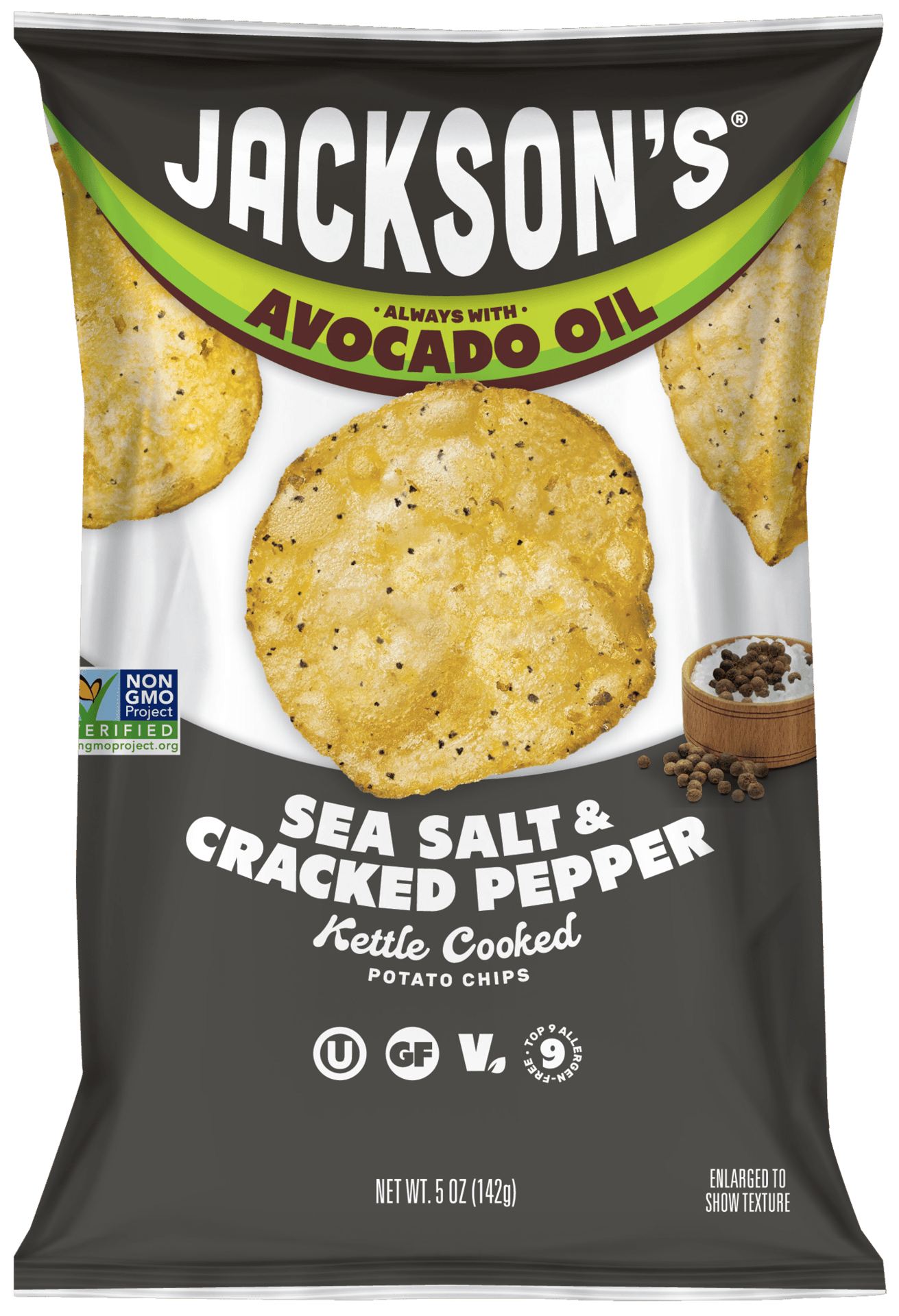 Bag of Jackson's Sea Salt & Cracked Pepper Kettle Cooked Potato Chips, made with avocado oil.