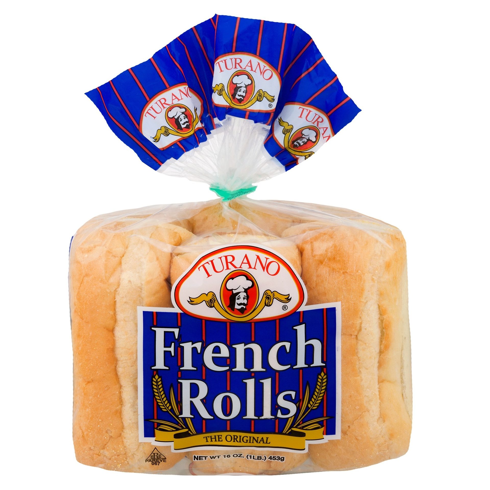 A clear plastic bag of Turano French Rolls, featuring a blue and red striped top and a prominent central label.