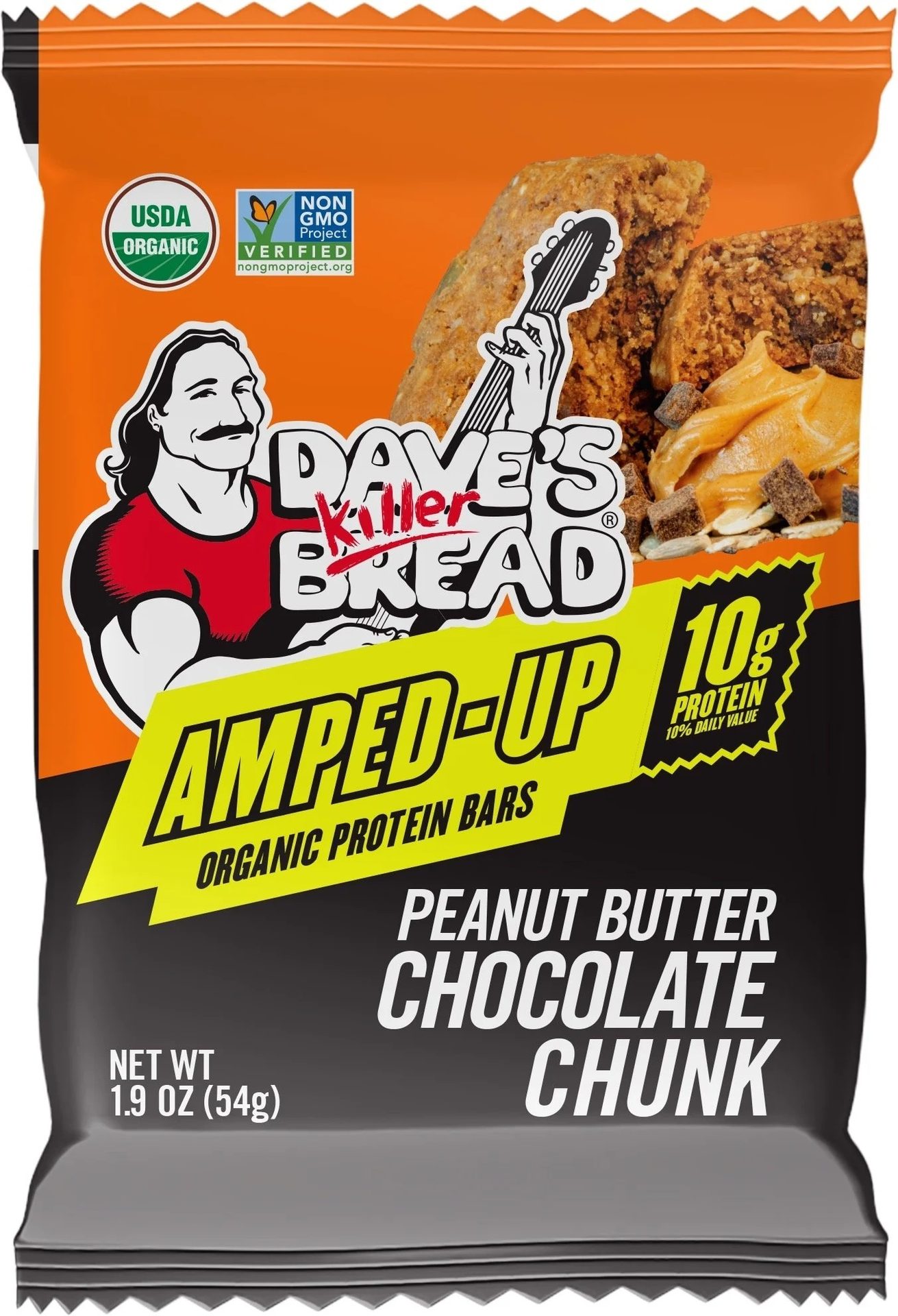 Dave's Killer Bread Amped-Up Peanut Butter Chocolate Chunk Organic Protein Bars, 10g protein, Non-GMO.