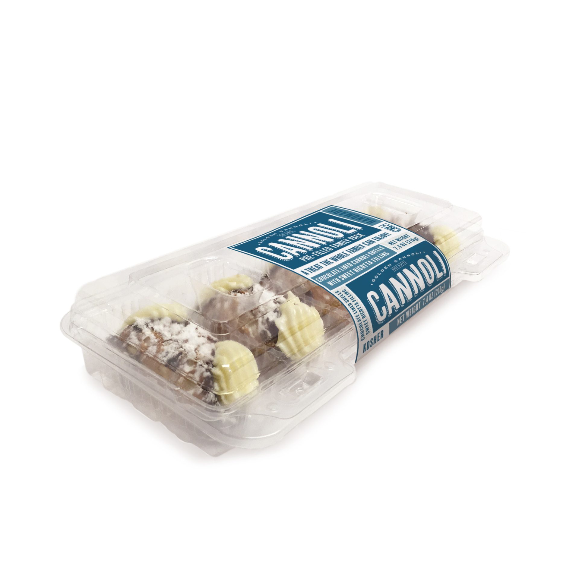 A clear plastic container filled with several cannoli, featuring white filling and powdered sugar.