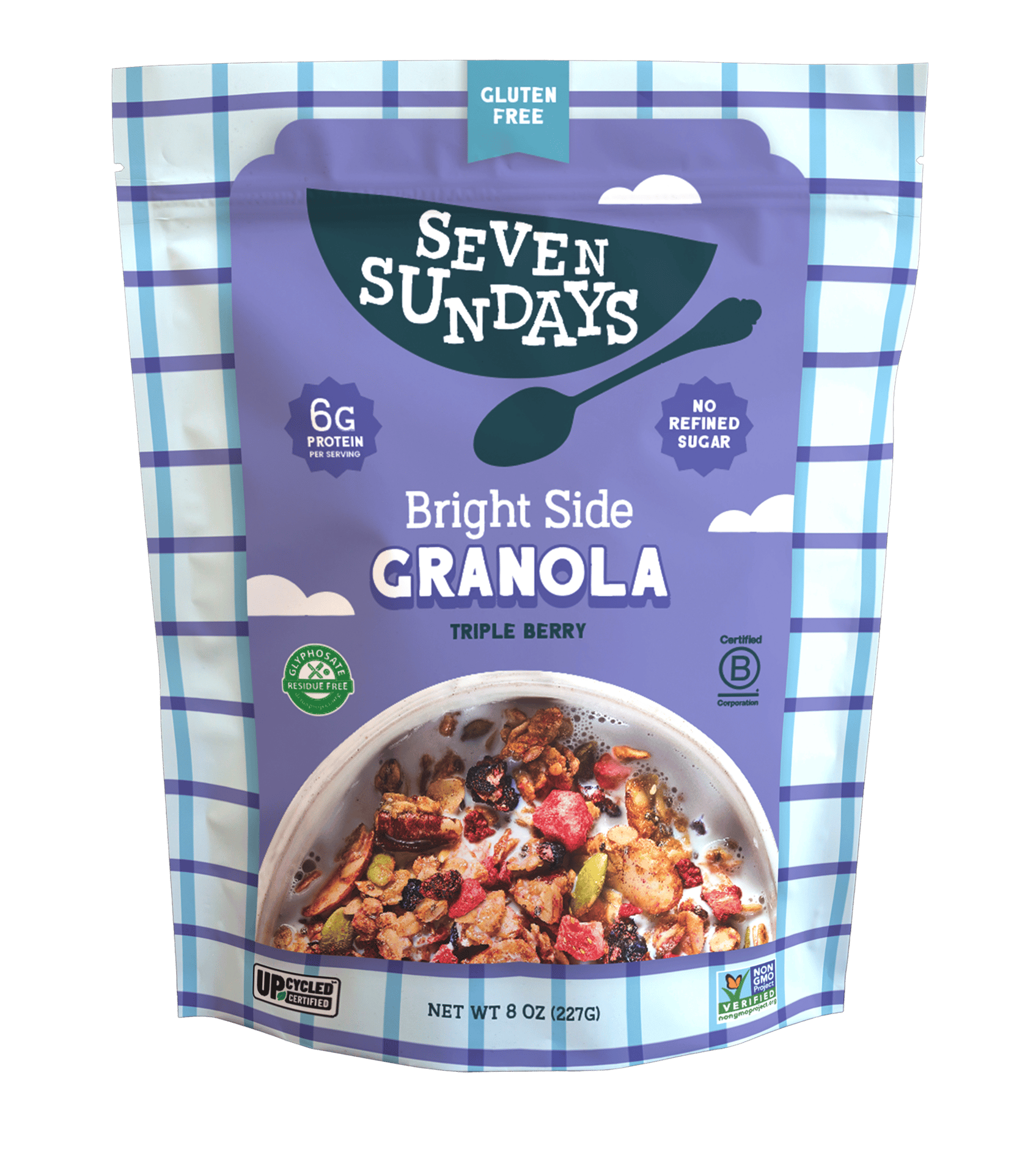 Seven Sundays Bright Side Granola in purple packaging with a checkered design