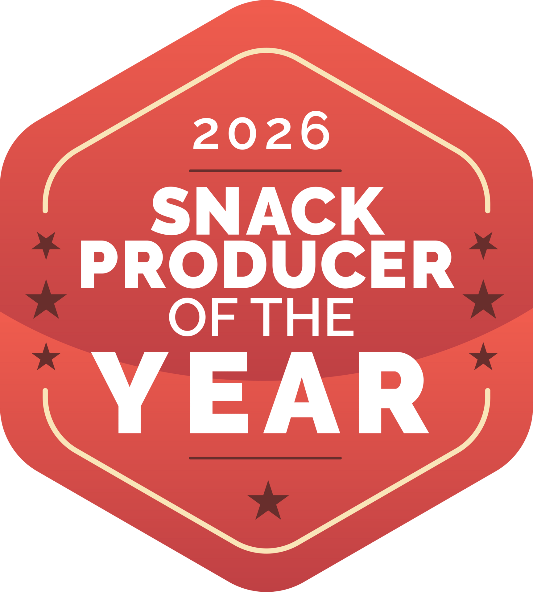 Red hexagonal badge with "2026 Snack Producer of the Year" text and stars.