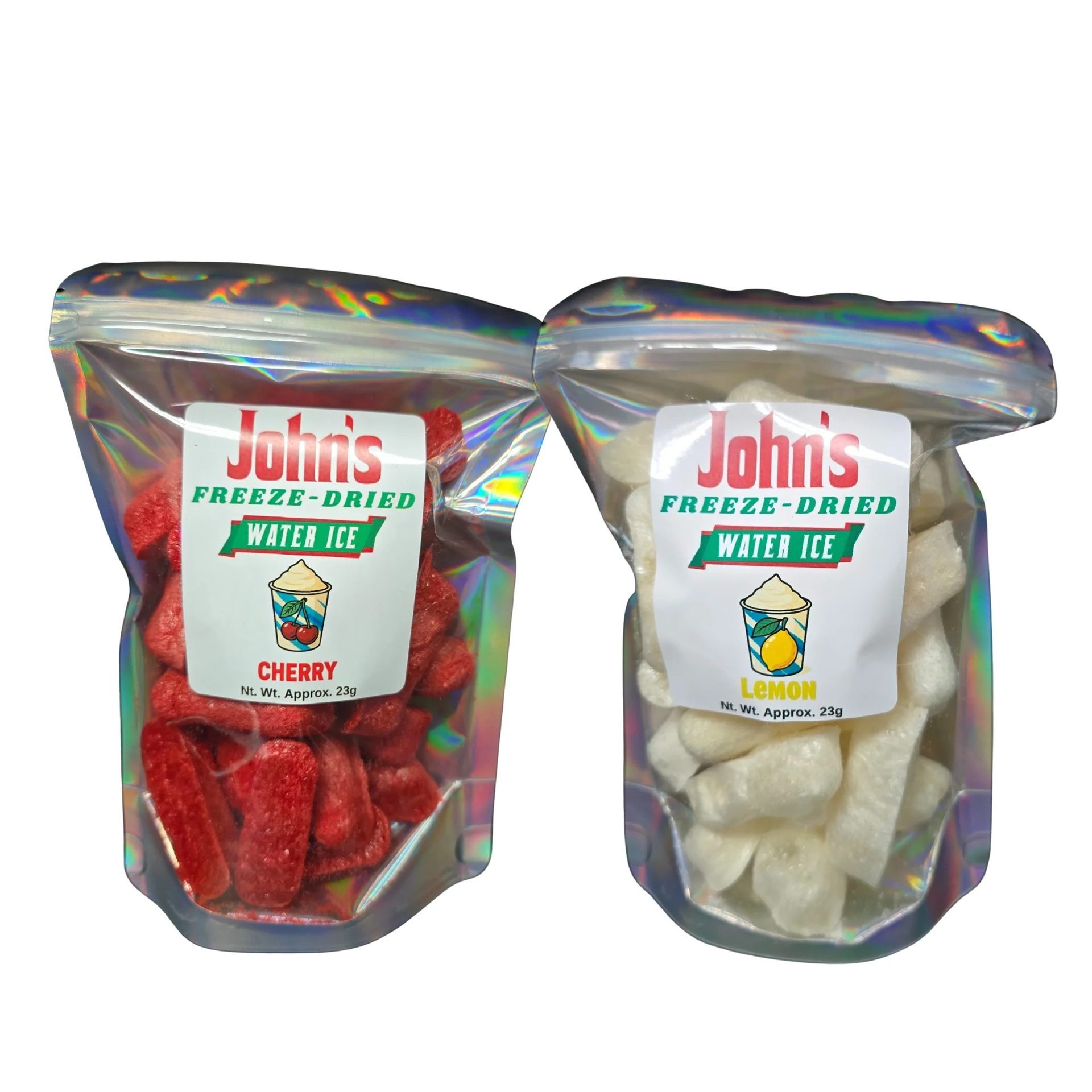 Two holographic pouches of John's Freeze-Dried Water Ice (Cherry & Lemon flavors).