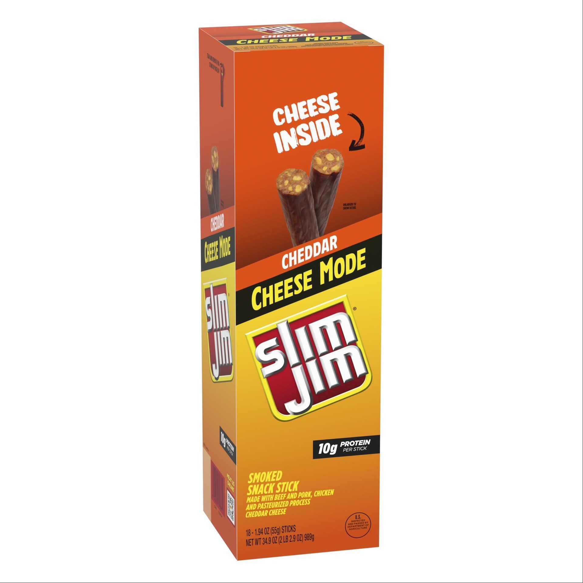 Orange box of Slim Jim Cheddar Cheese Mode smoked snack sticks, with 10g protein per stick.