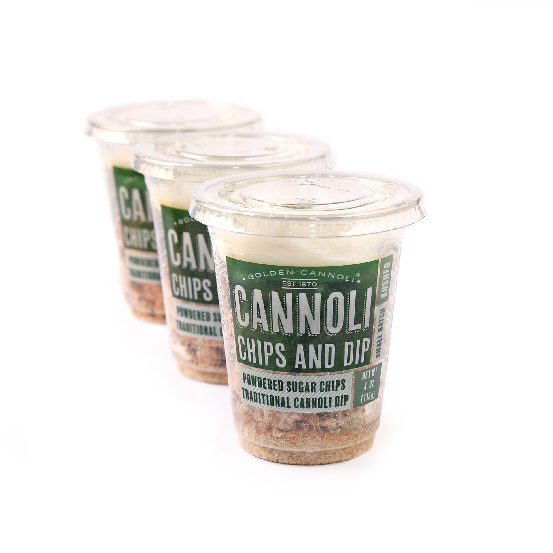 Three clear cups of Golden Cannoli Chips and Dip, with the front cup prominently displaying the label, arranged diagonally on a white background.