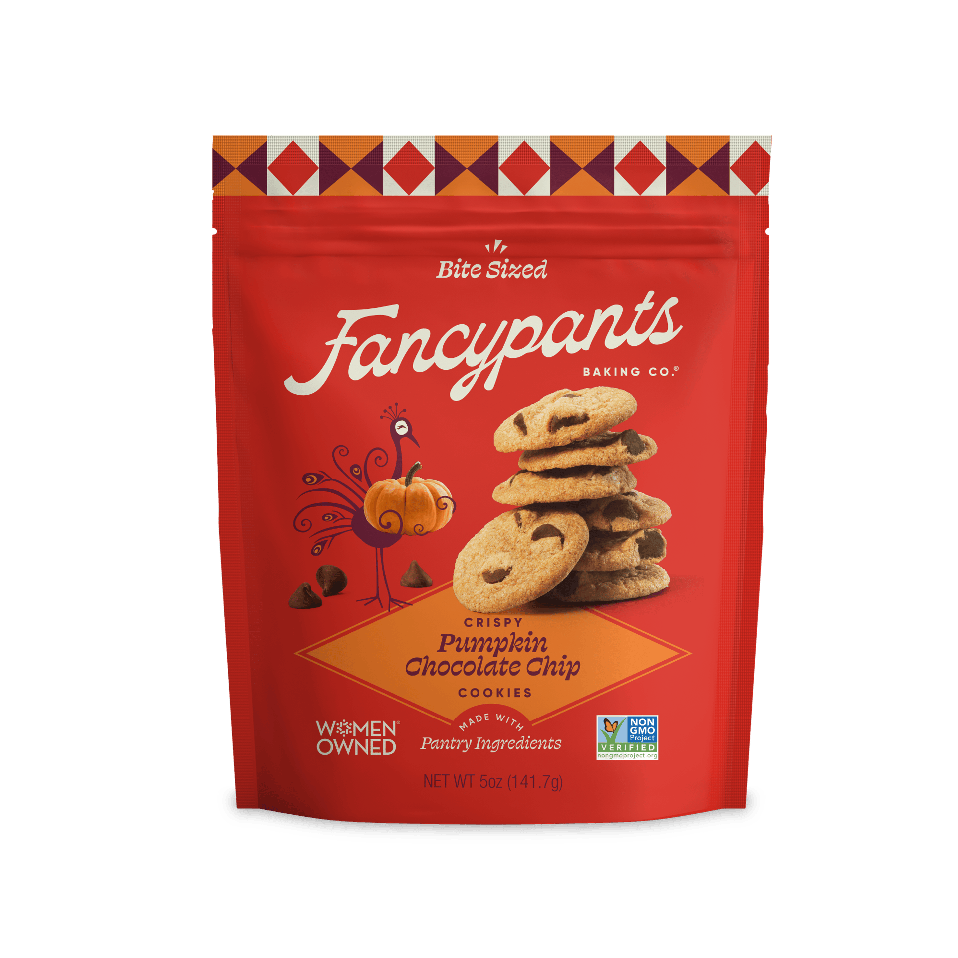 Fancypants’ Pumpkin Chocolate Chip cookies in red packaging.