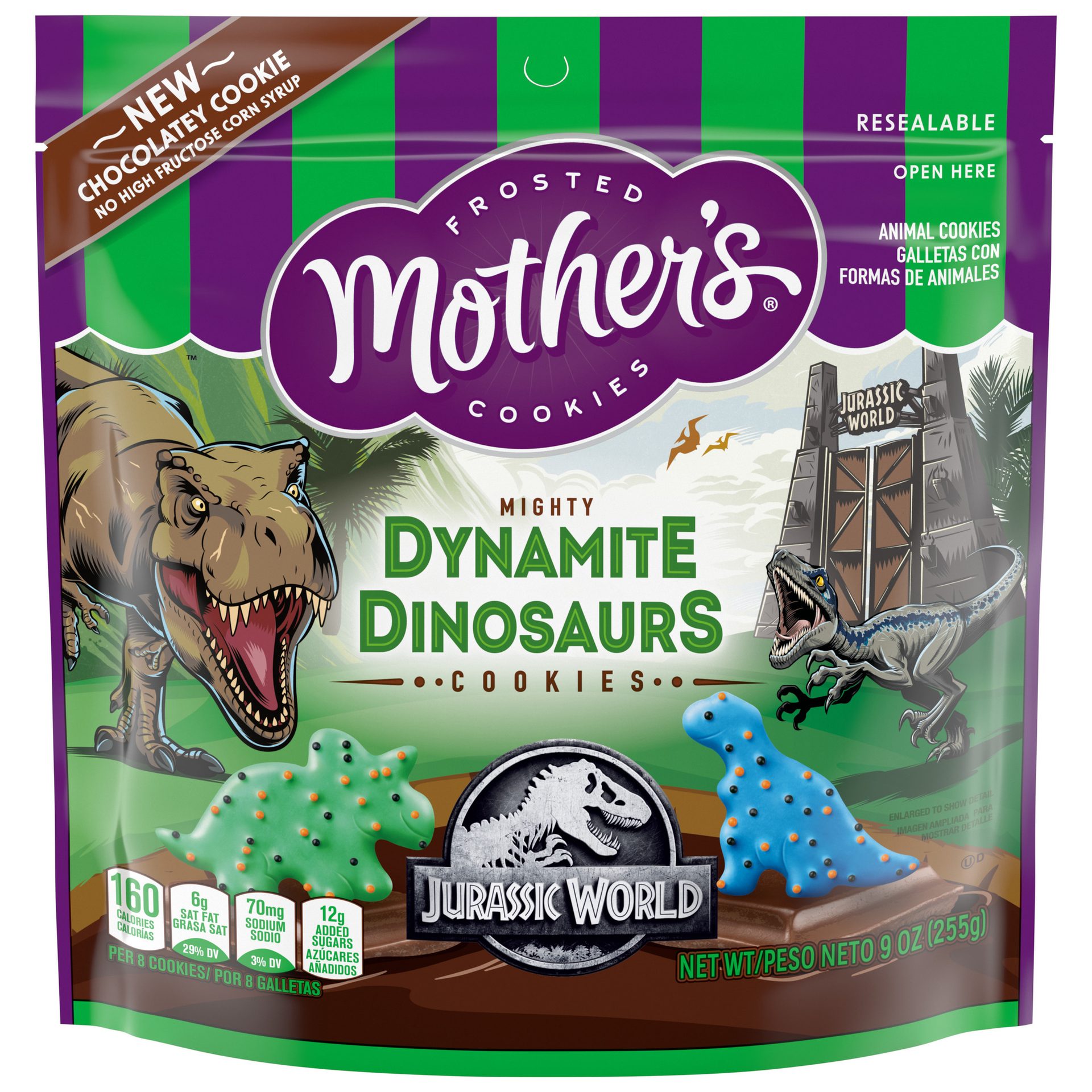 Mother’s Dynamite Dinosaurs cookies in green and purple packaging with the Jurassic World movie logo on it. 