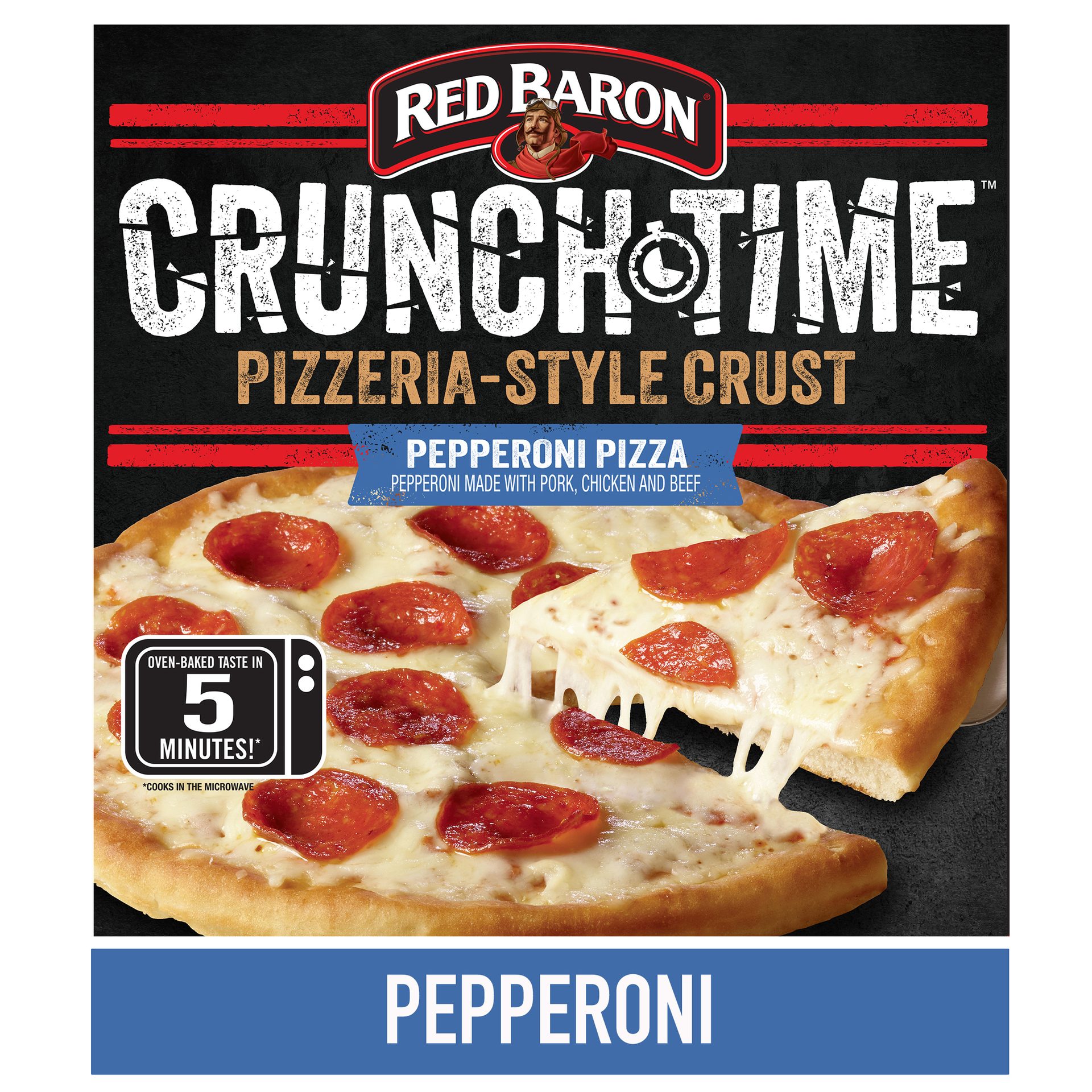 Red Baron Crunch Time Pepperoni Pizza with Pizzeria-Style Crust. Shows a slice pulled from the pizza.
