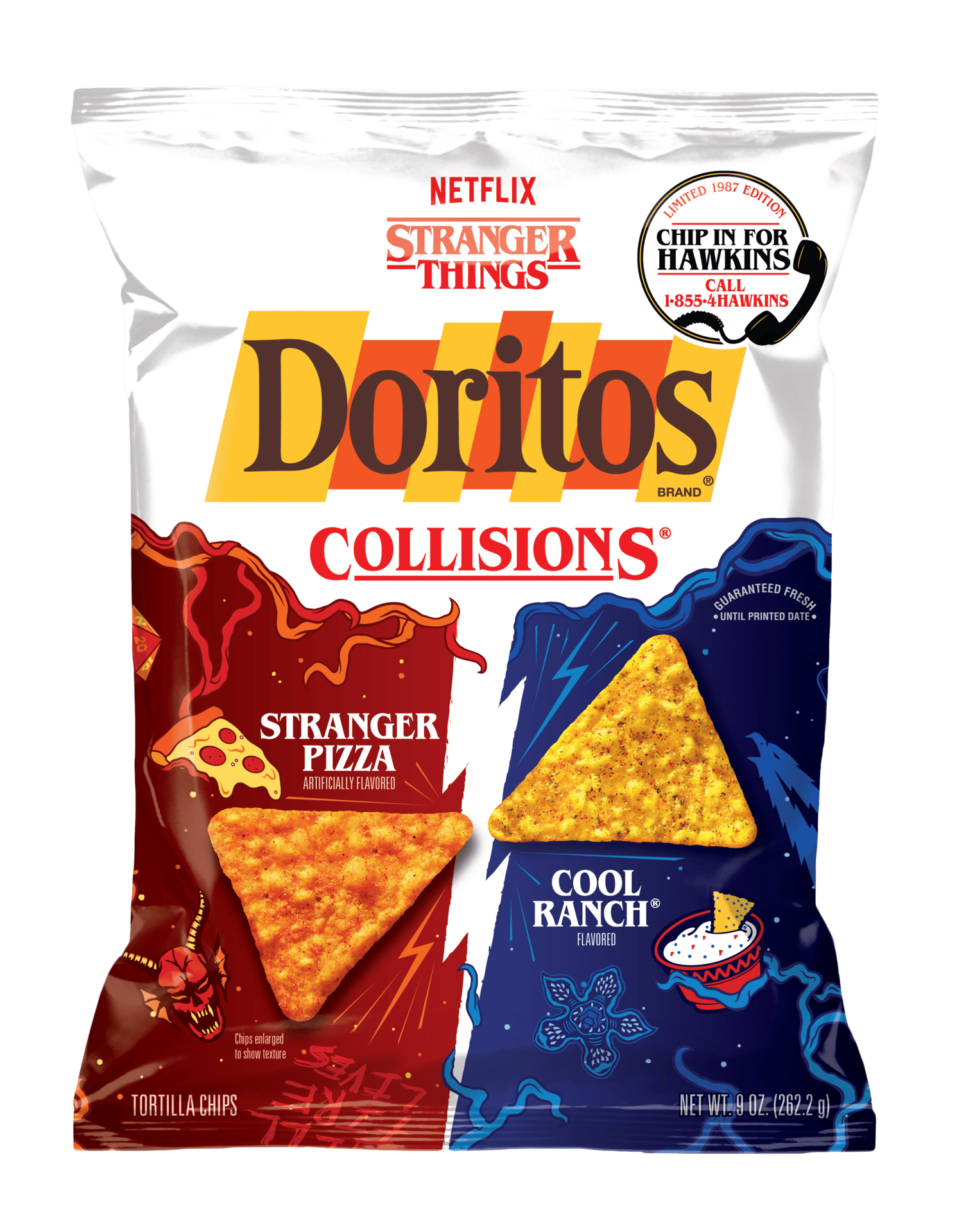 Doritos "Stranger Things Collisions" bag with Stranger Pizza and Cool Ranch flavors.