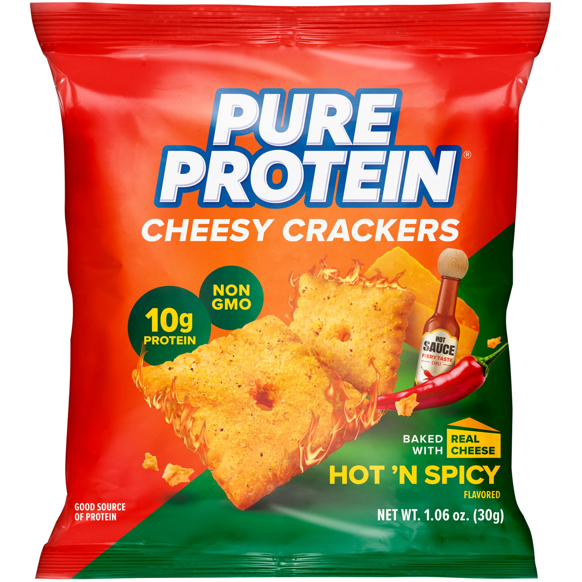 Pure Protein Hot ‘N Spicy crackers in red and dark green packaging