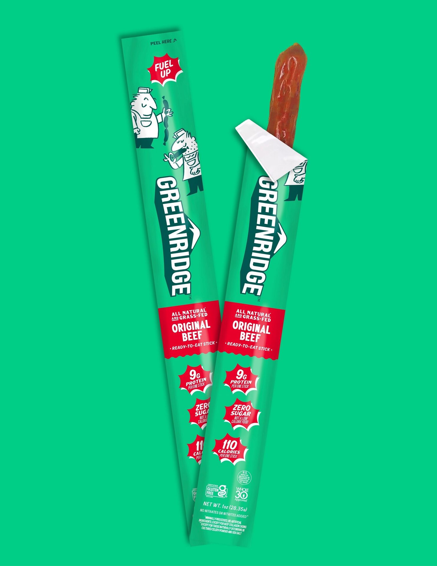 Two Greenridge Original Beef sticks, one partially open, on a vibrant green background, showing nutrition info.