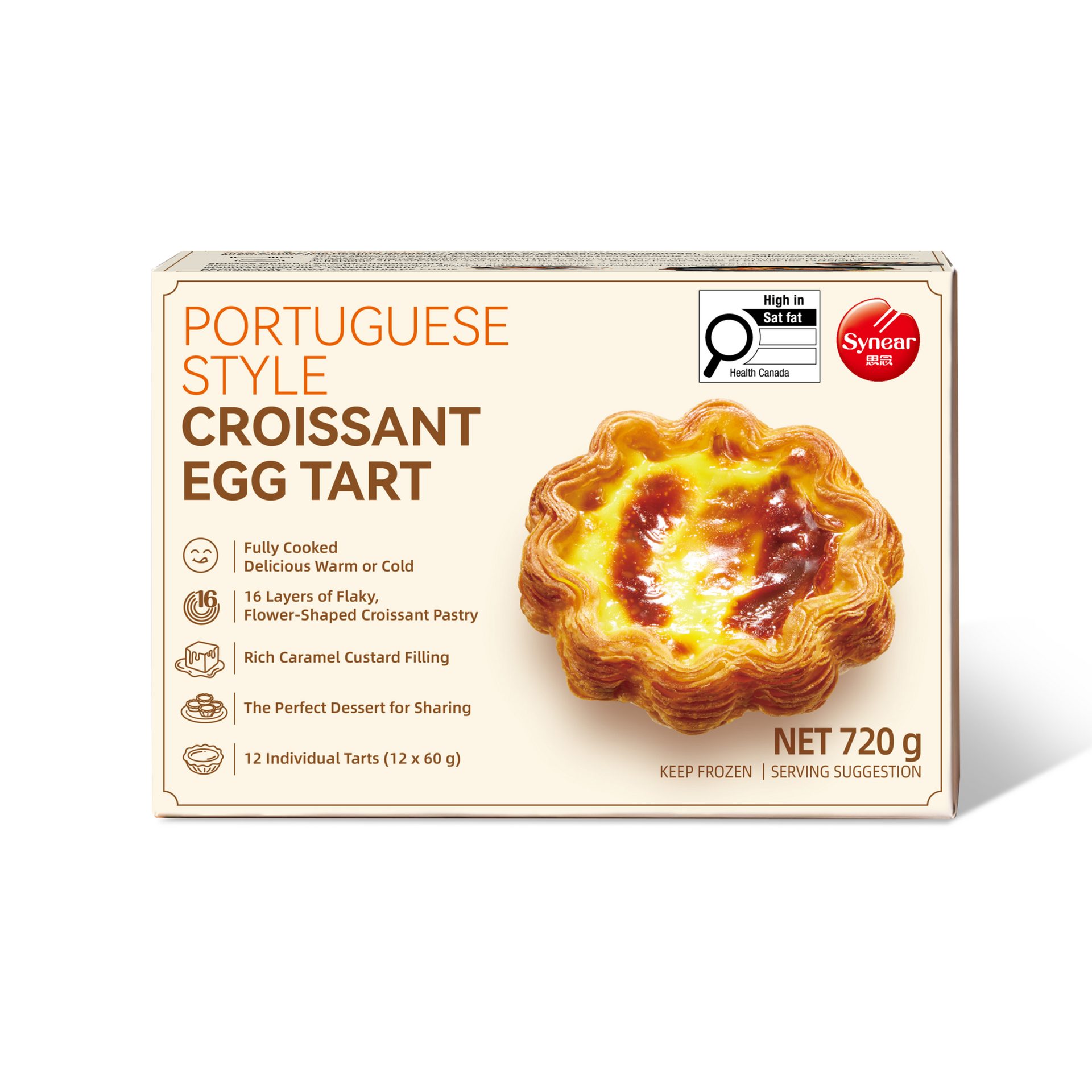 Box of Synear Portuguese Style Croissant Egg Tarts with an image of a single tart and product details.
