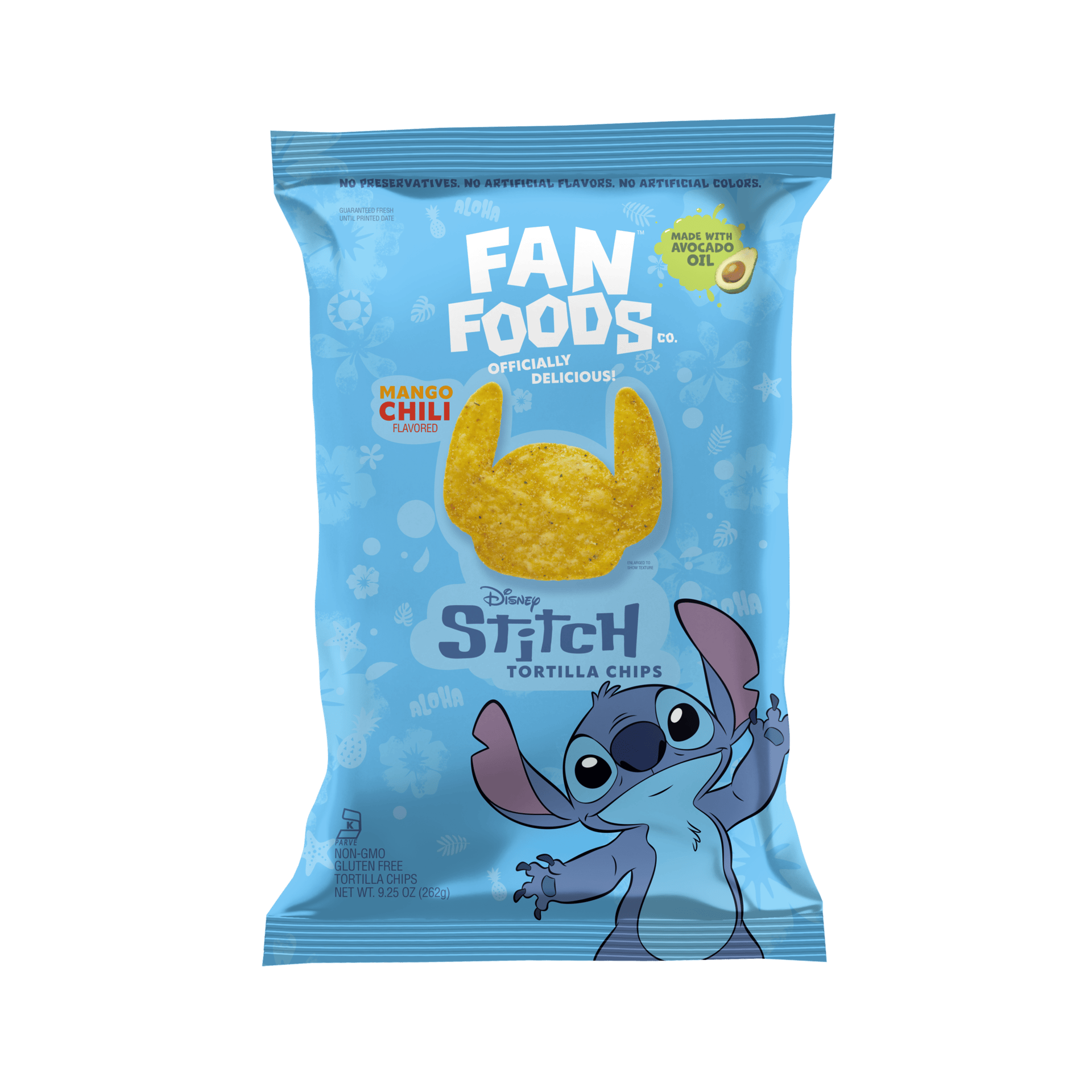 Blue bag of Disney Stitch Mango Chili Flavored Tortilla Chips, featuring Stitch character and a chip.