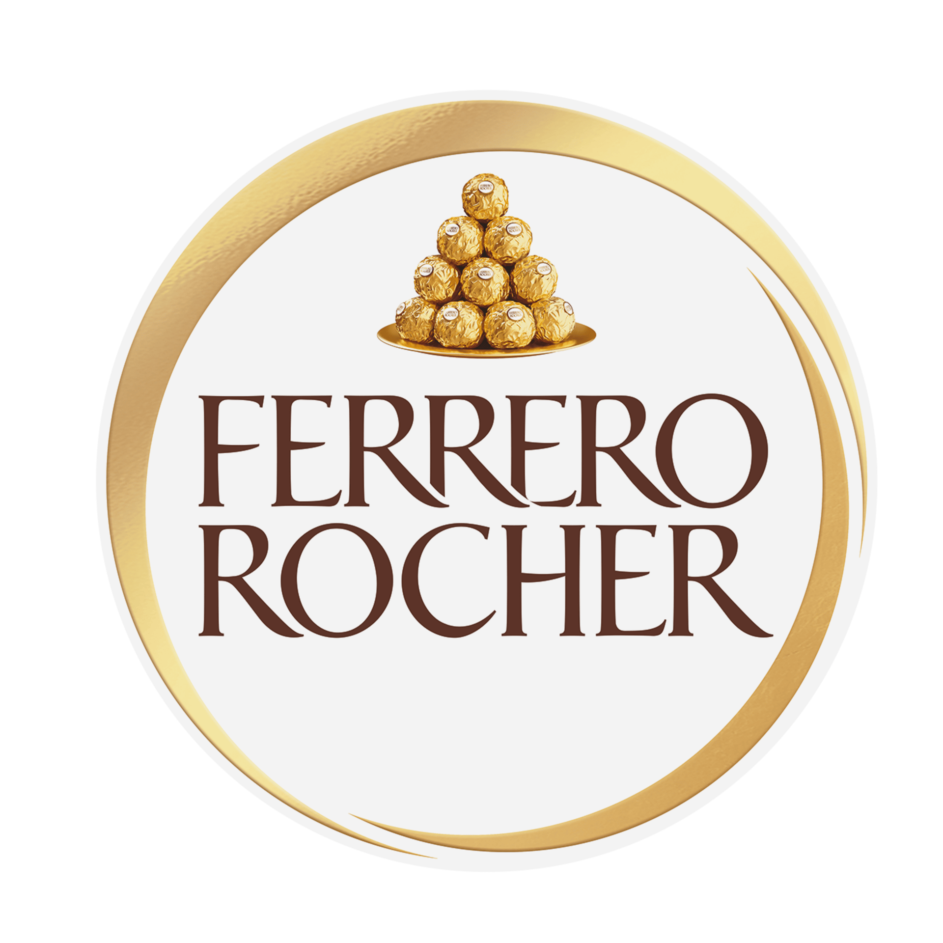 Ferrero Rocher logo: gold-wrapped chocolates, "FERRERO ROCHER" text in a gold-edged circle.