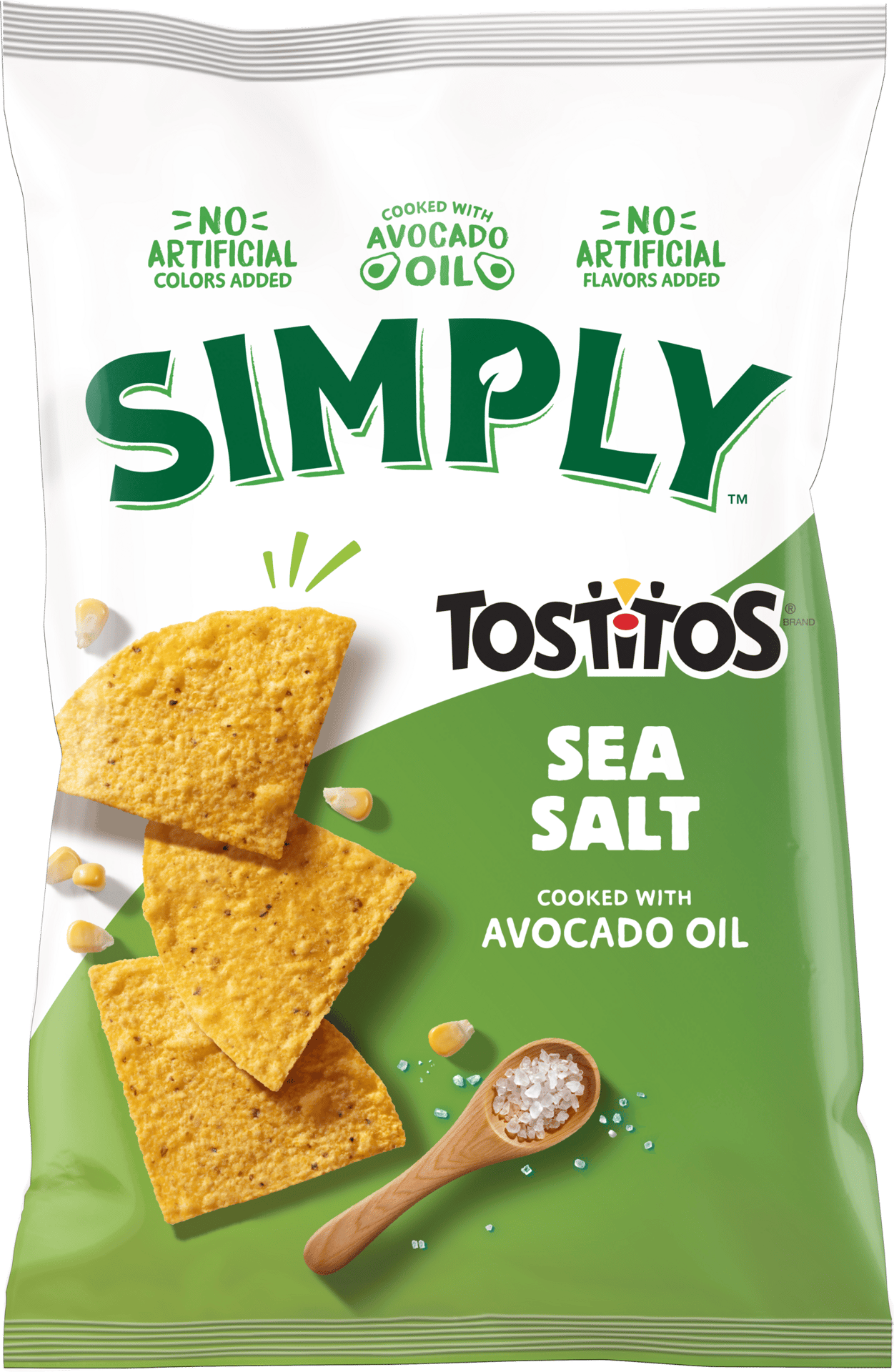 Tostitos Simply Sea Salt chips bag, cooked with avocado oil, no artificial colors or flavors.