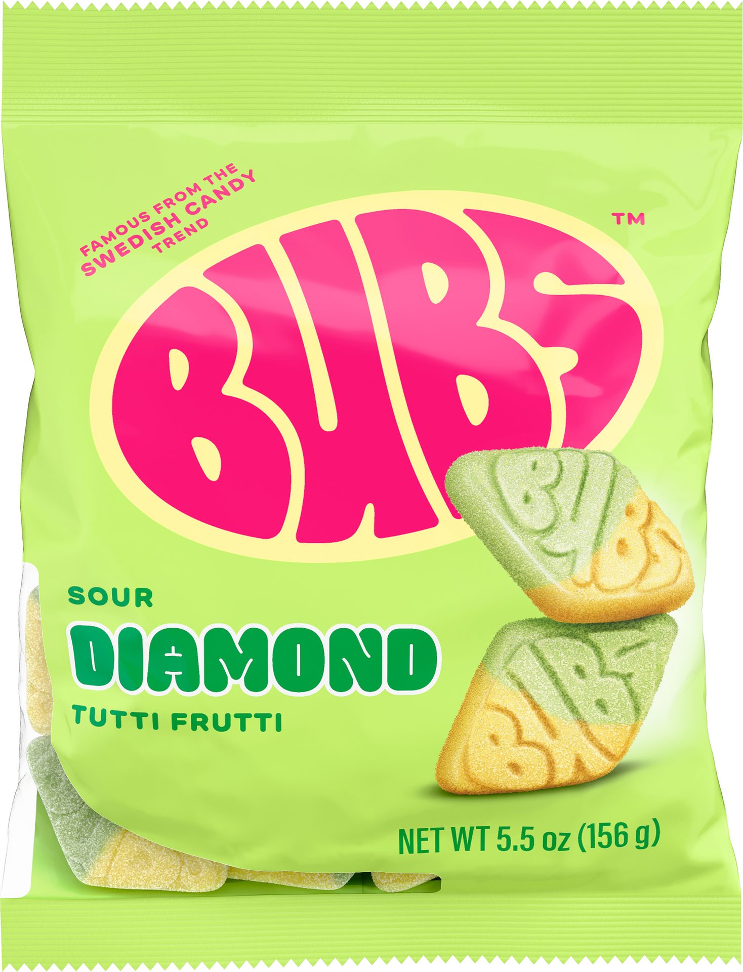Bubs Sour Diamond Tutti Frutti flavor in a green and yellow bag with pink lettering.