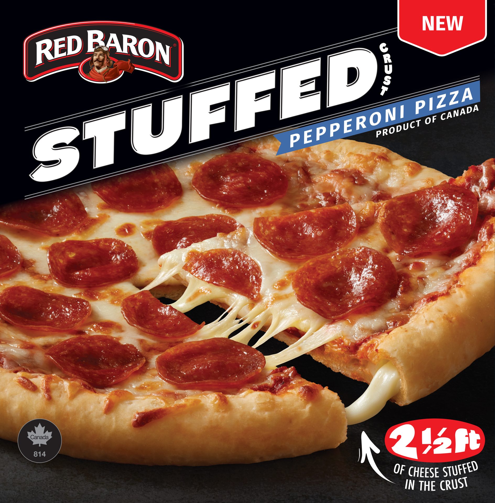 Red Baron Stuffed Pepperoni Pizza in a black box with white writing on it