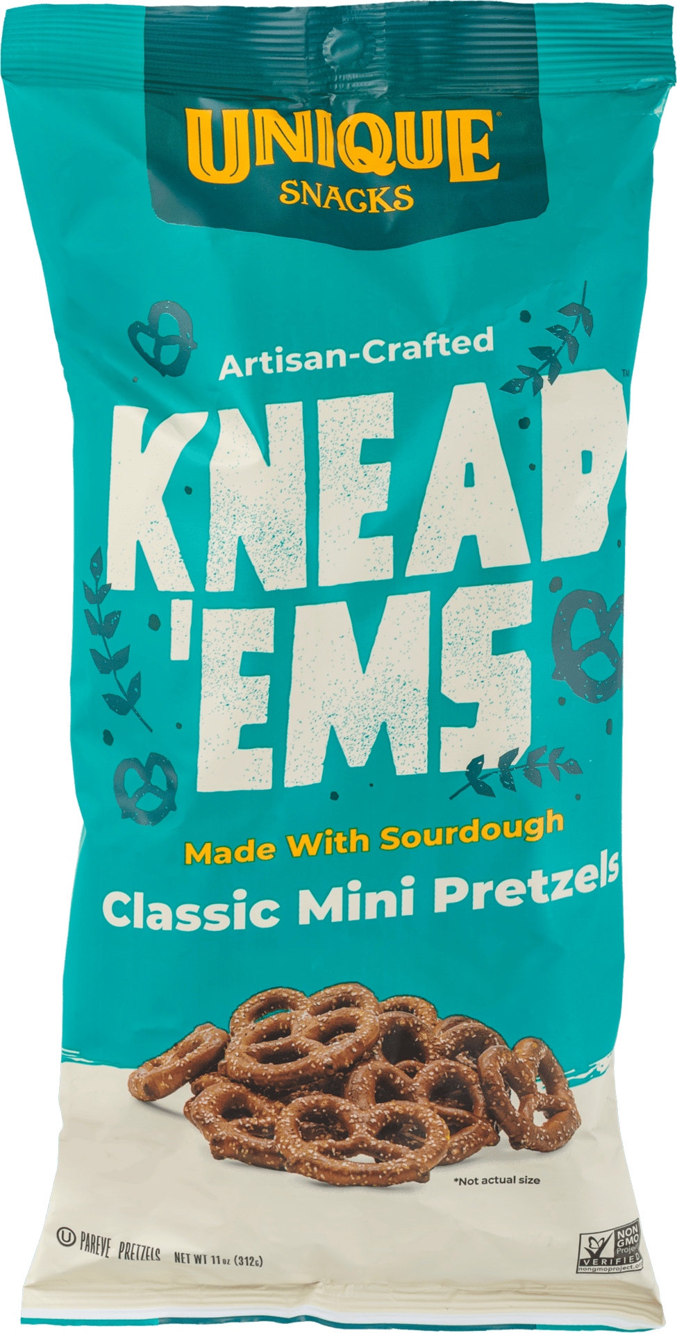 Unique Snacks Knead 'Ems Sourdough Classic Mini Pretzels, 11 oz bag.