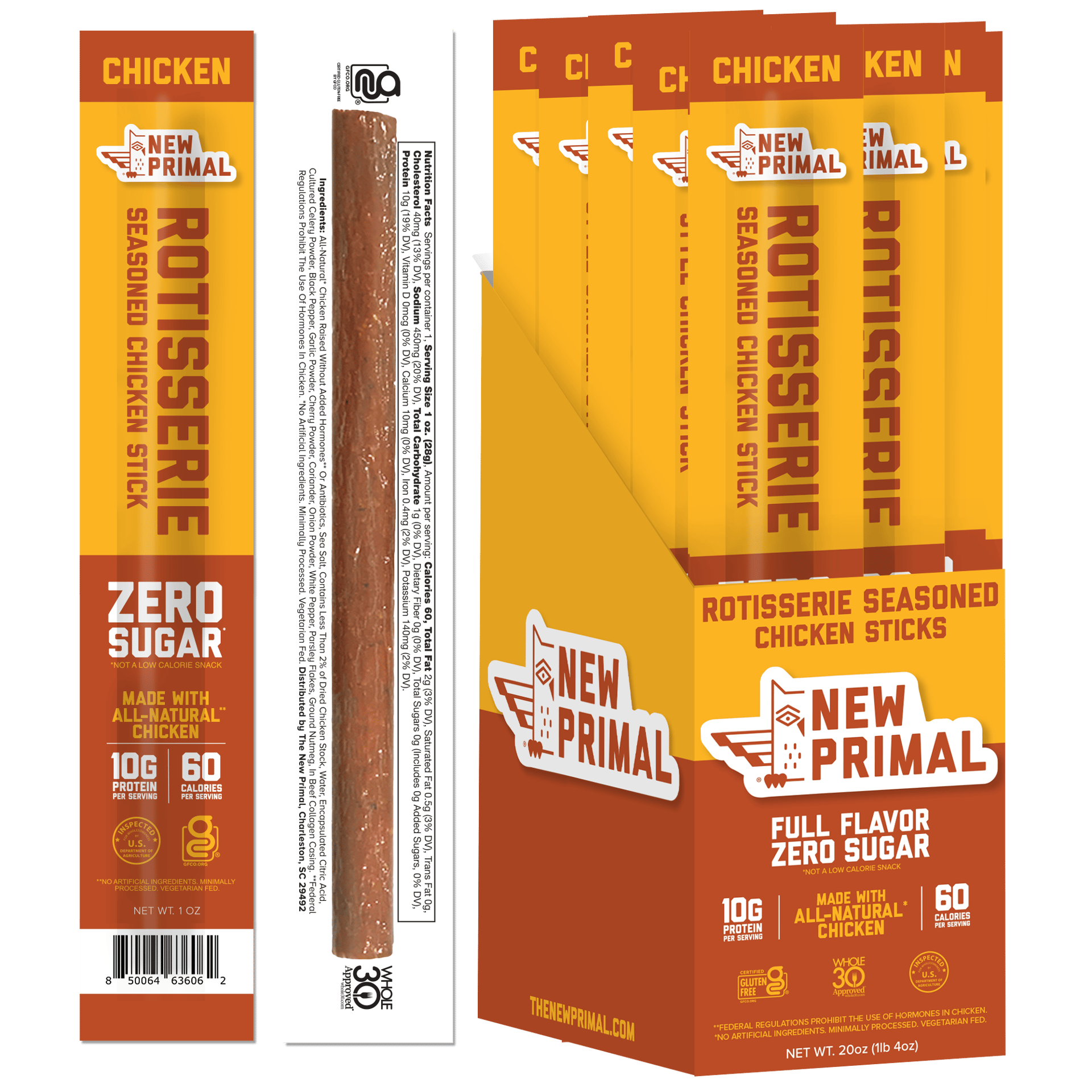 New Primal Rotisserie Seasoned Chicken Sticks in a single pack and a display box, highlighting zero sugar.