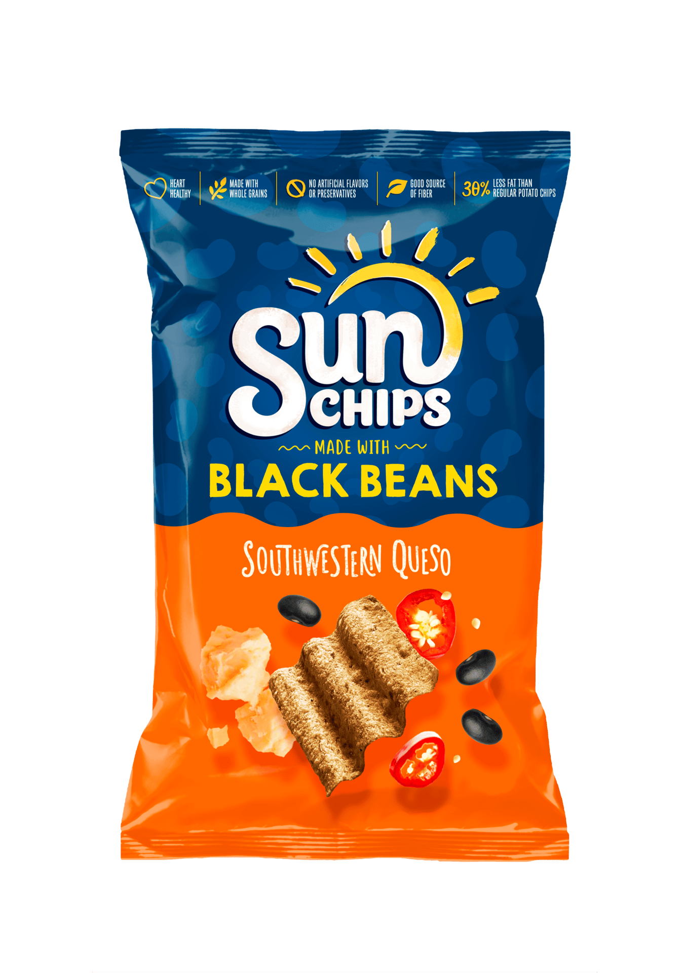 Bag of chips, Crunchy snacks, Blue, Orange, Sun icon, Black beans, Peppers