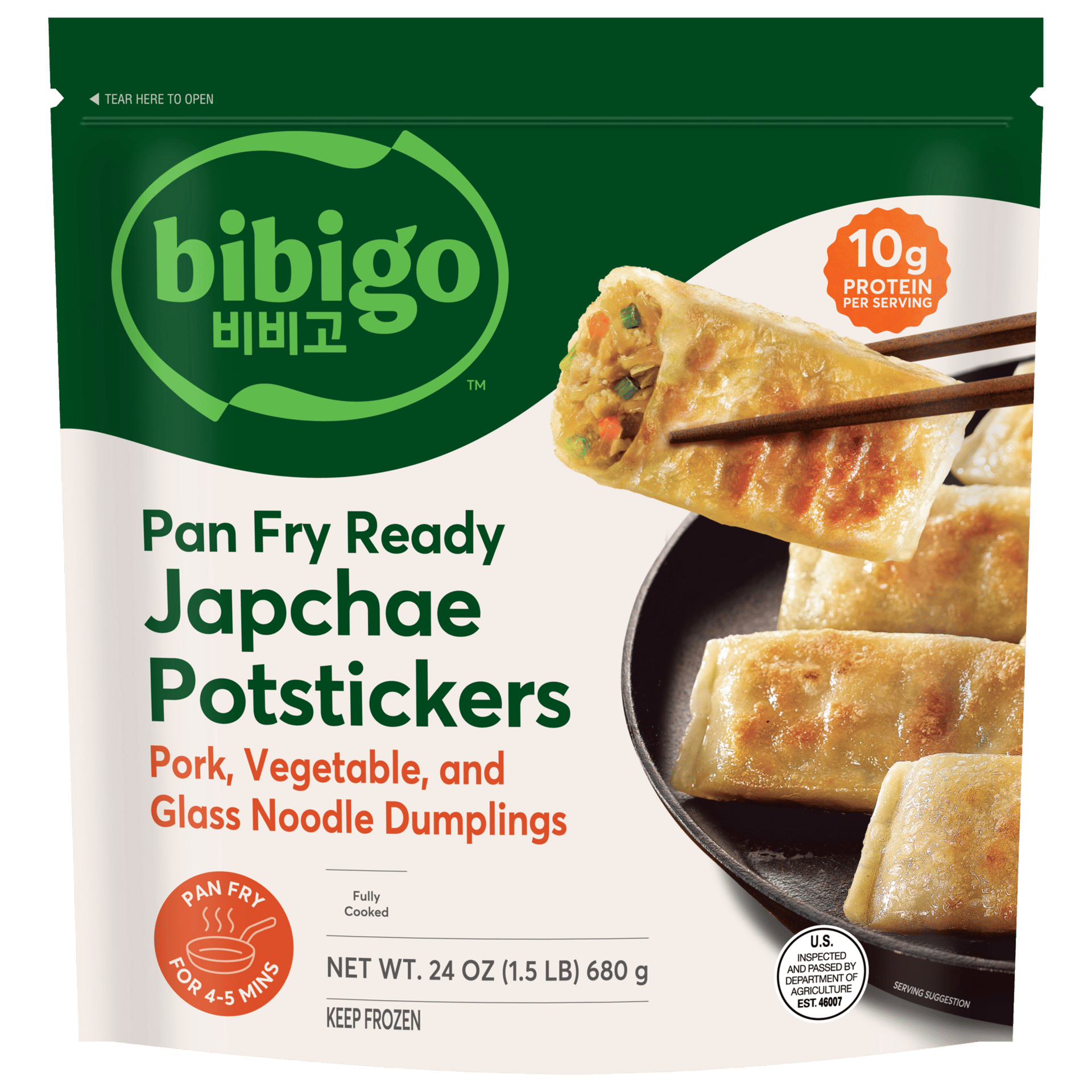 Bibigo Pan Fry Ready Japchae Potstickers package showing dumplings, chopsticks, and product info.