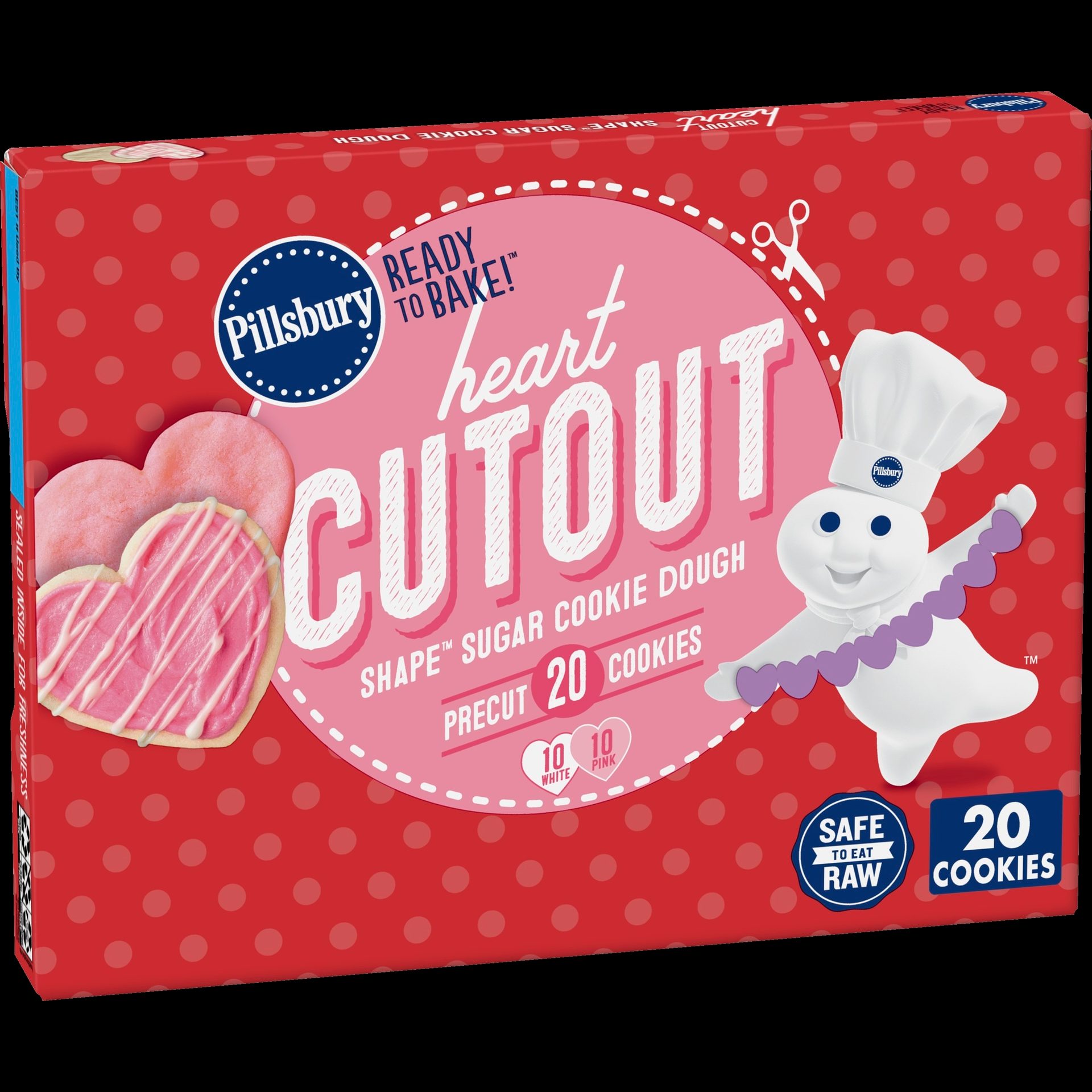 Pillsbury Heart Cutout sugar cookie dough box. 20 precut hearts (10 white, 10 pink), ready to bake, safe to eat raw.