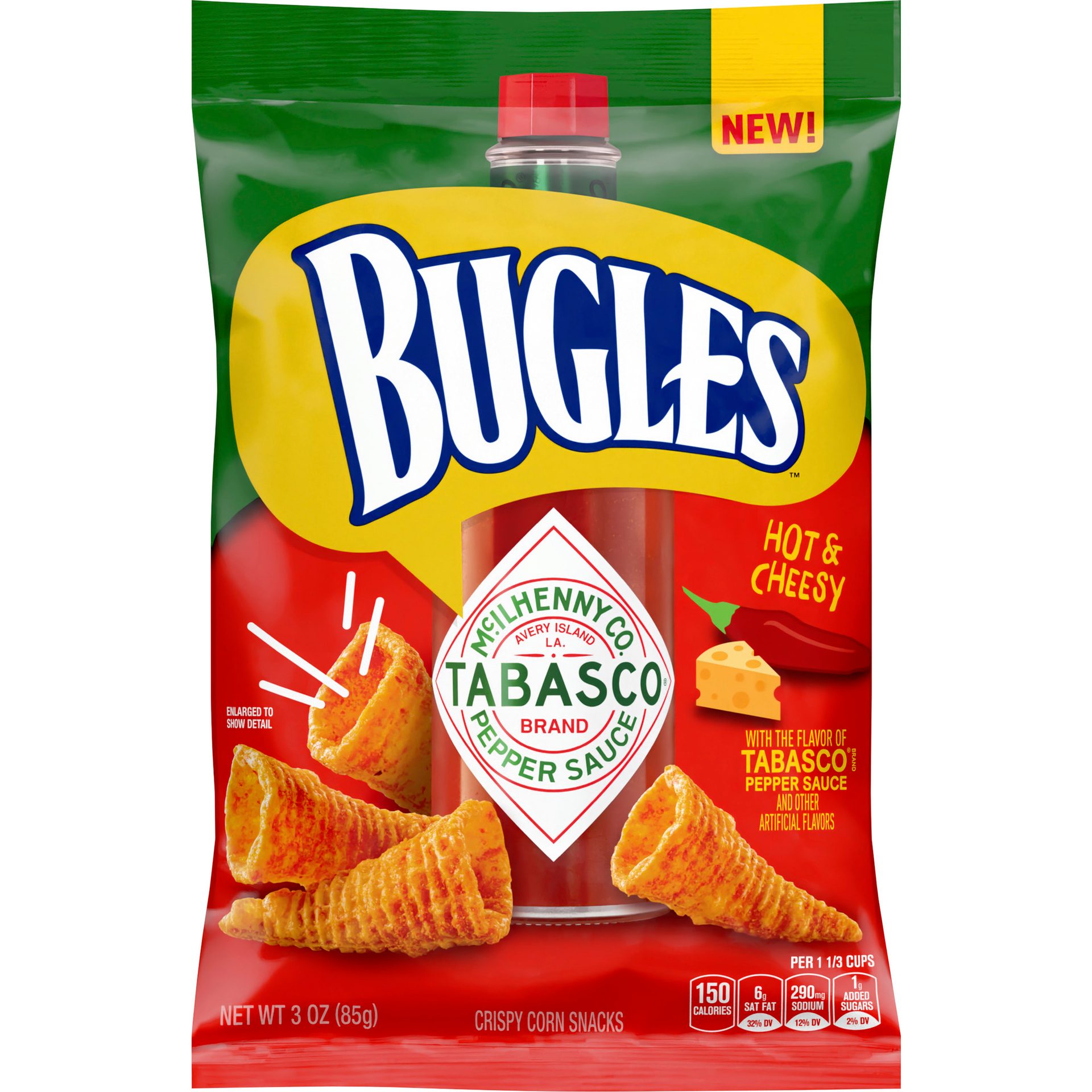 Bugles Tabasco flavor in yellow, green, and red packaging