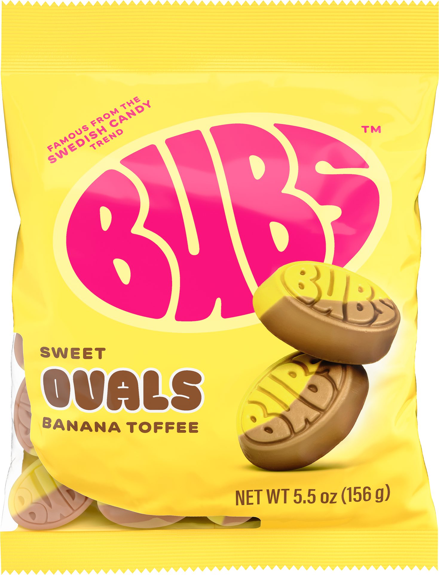 Bubs Sweet Ovals Banana Toffee in a brown and yellow bag with pink lettering.