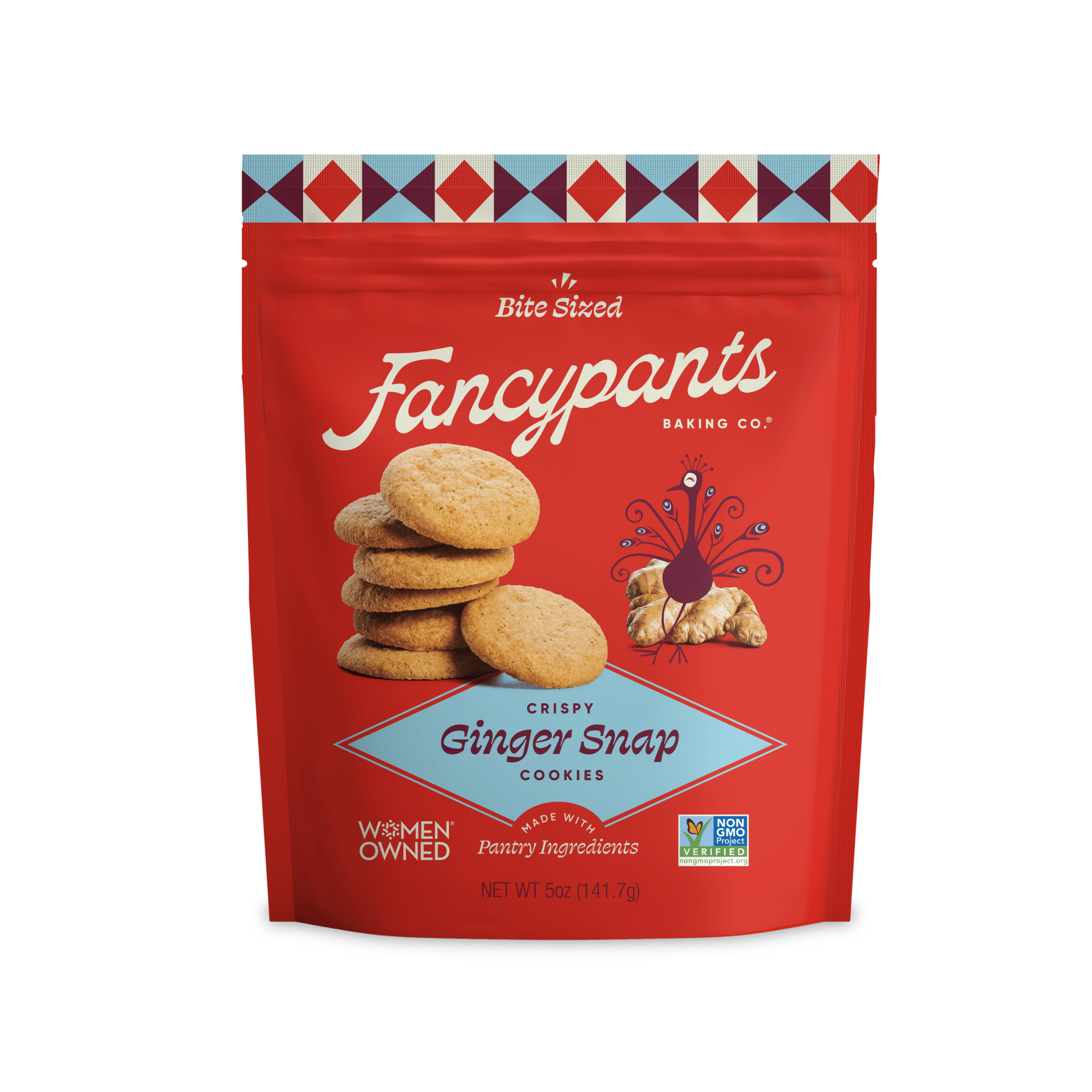 Fancypants’ Ginger Snaps cookies in red packaging.
