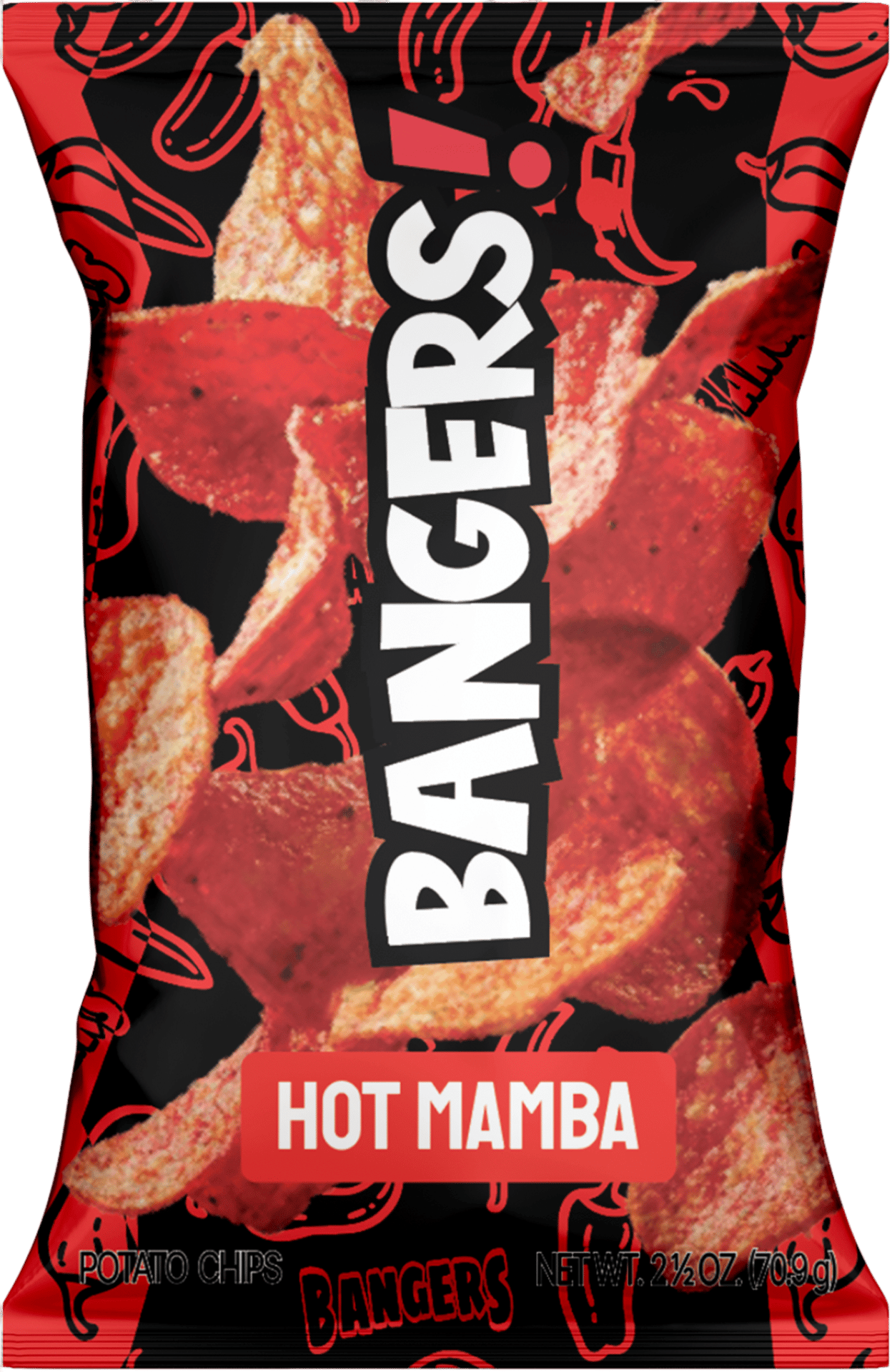 Black and red bag of Bangers! Hot Mamba Potato Chips, 2.5 oz.