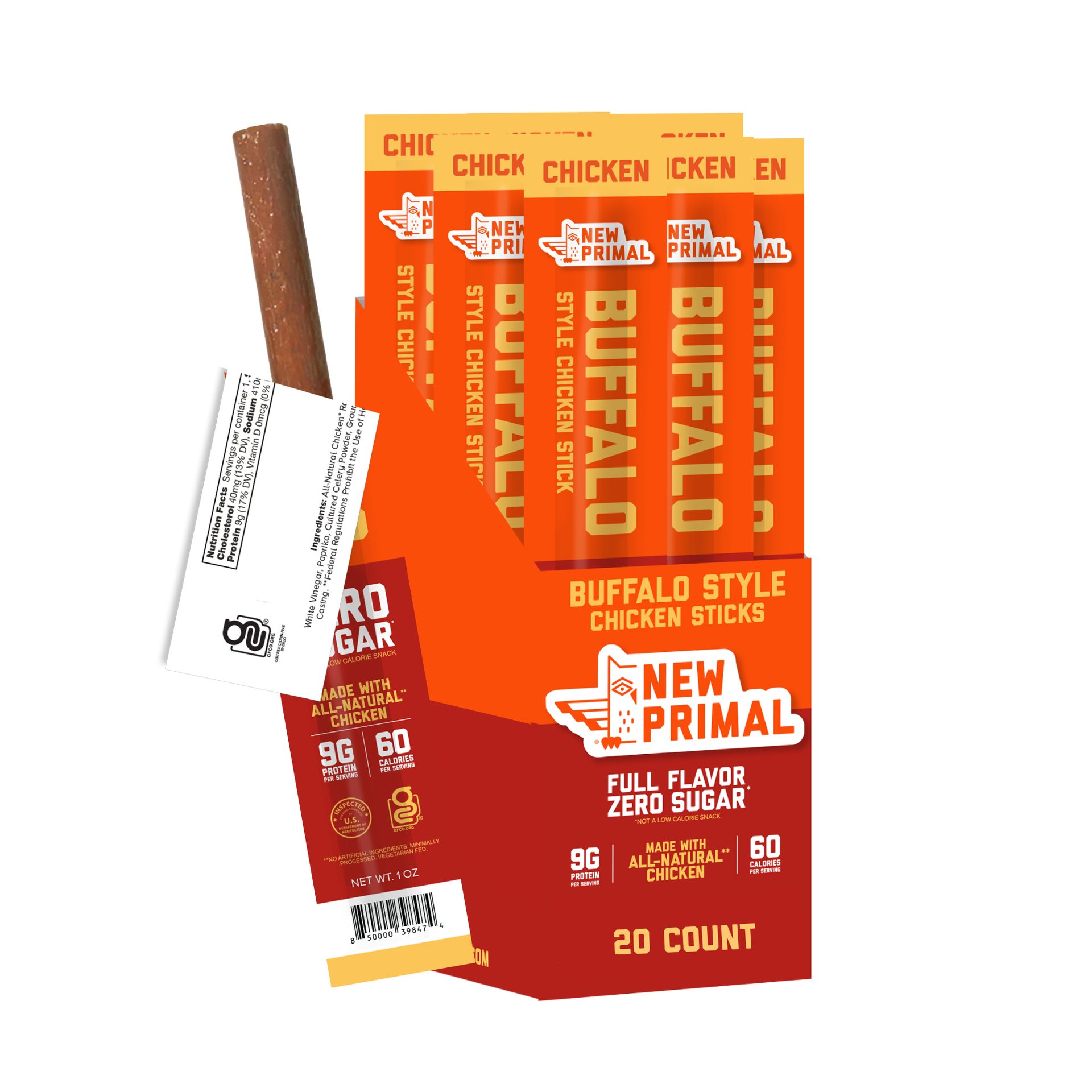 A box of New Primal Buffalo Style Chicken Sticks with one stick partly out, showing nutrition information.