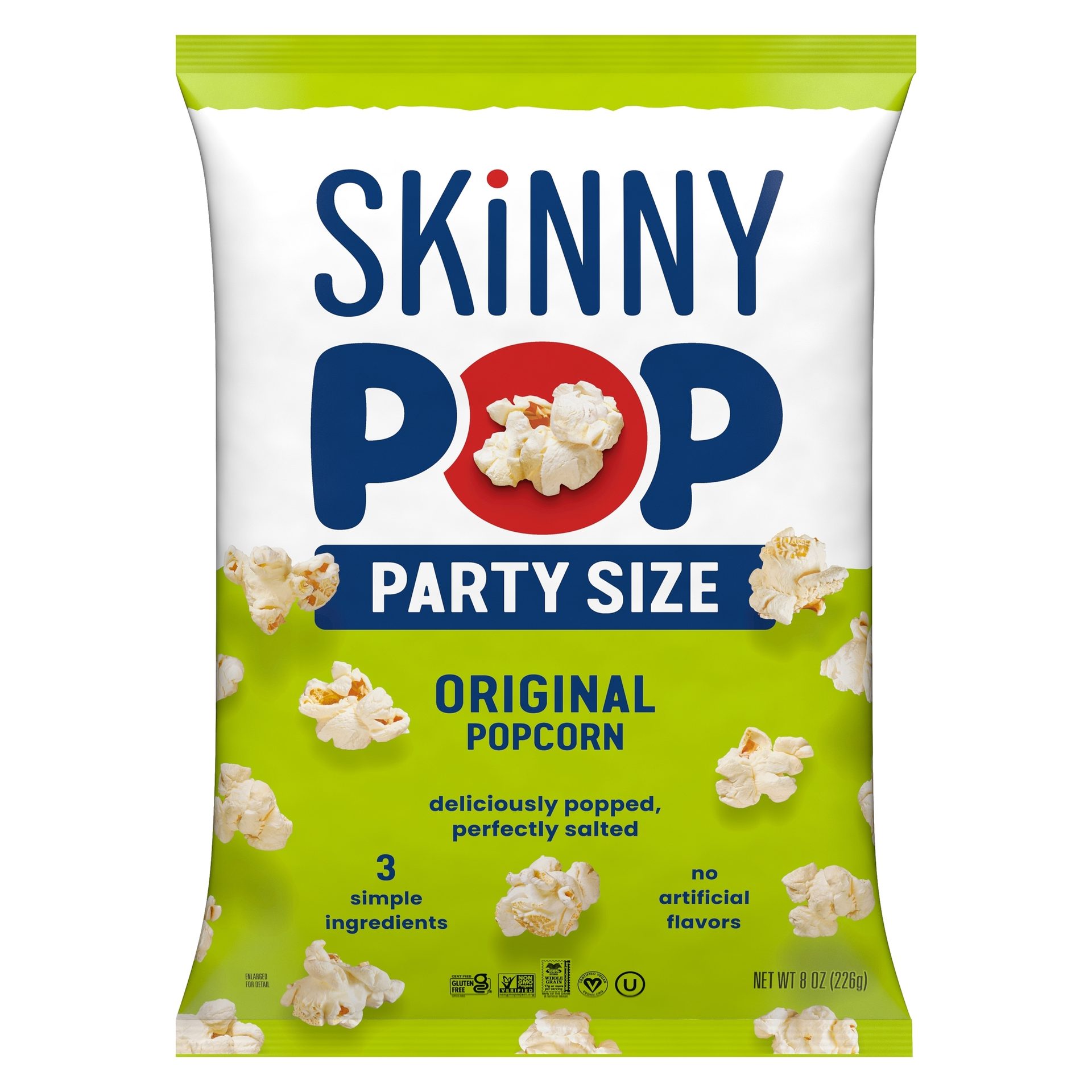 SkinnyPop party size in Original flavor, with green and white packaging