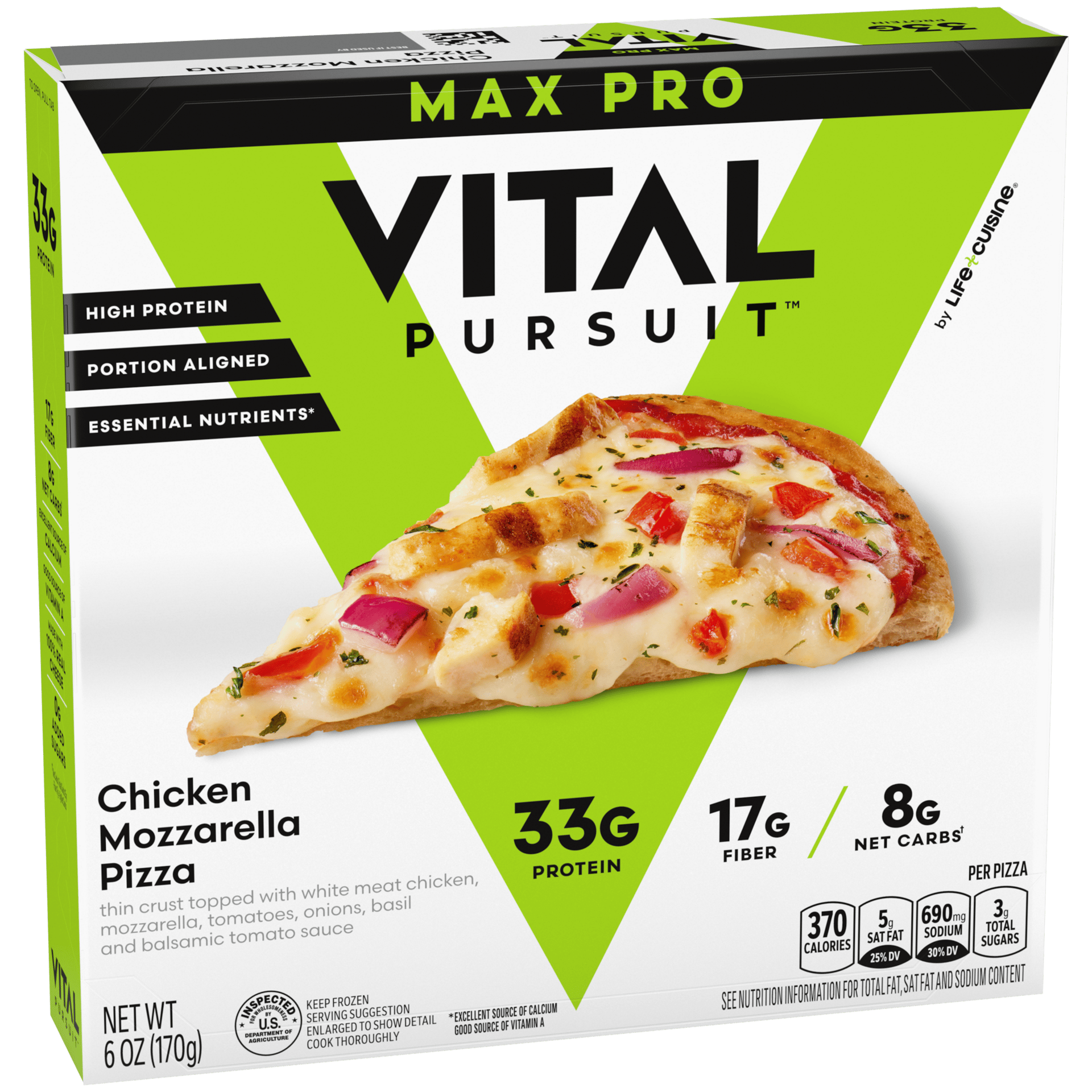 Vital Pursuit GLP-1 friendly pizza in Chicken Mozzarella flavor in a white box with black writing on it and green art