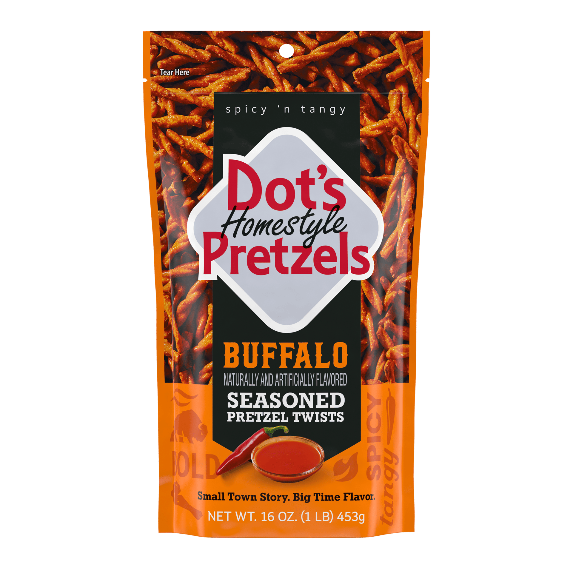 Dot's Homestyle Pretzels bag, Buffalo seasoned, with a chili pepper and sauce bowl. Spicy & tangy flavor.