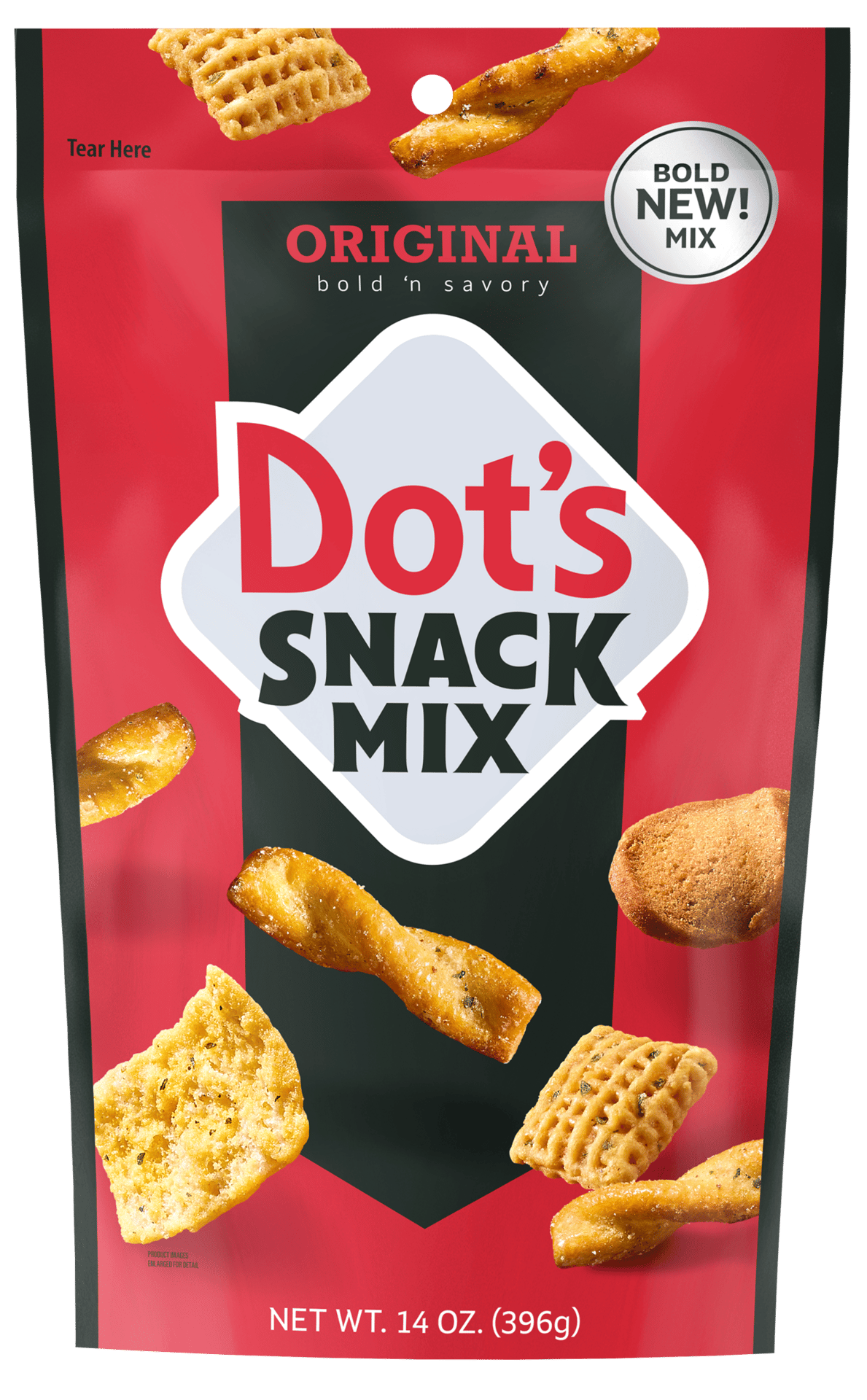 Red and black bag of Dot's Original Snack Mix, bold 'n savory, with various crunchy pieces. 14 oz.