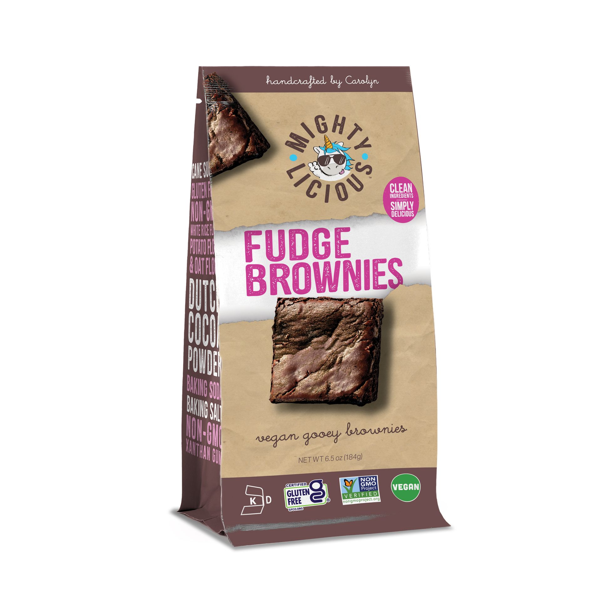 Bag of Mighty Licious Vegan Fudge Brownies, gluten-free, non-GMO, with brownie images.