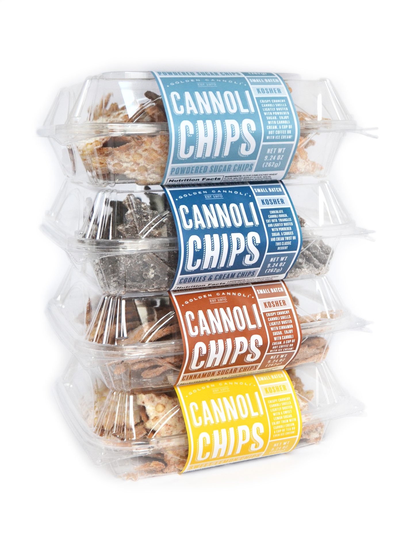 Four clear containers of Golden Cannoli Chips in assorted flavors like powdered sugar, cookies & cream, and cinnamon sugar.