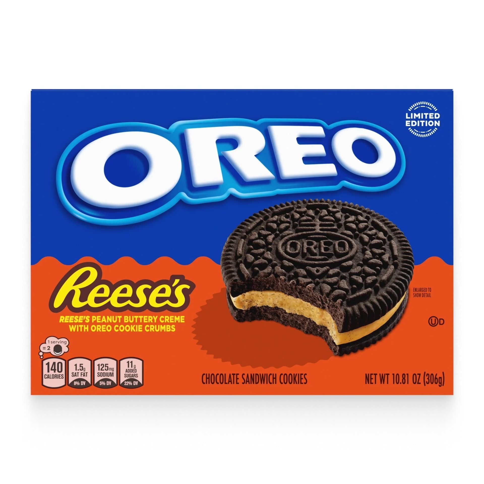 Limited Edition Oreo Reese's chocolate sandwich cookies with peanut buttery creme.