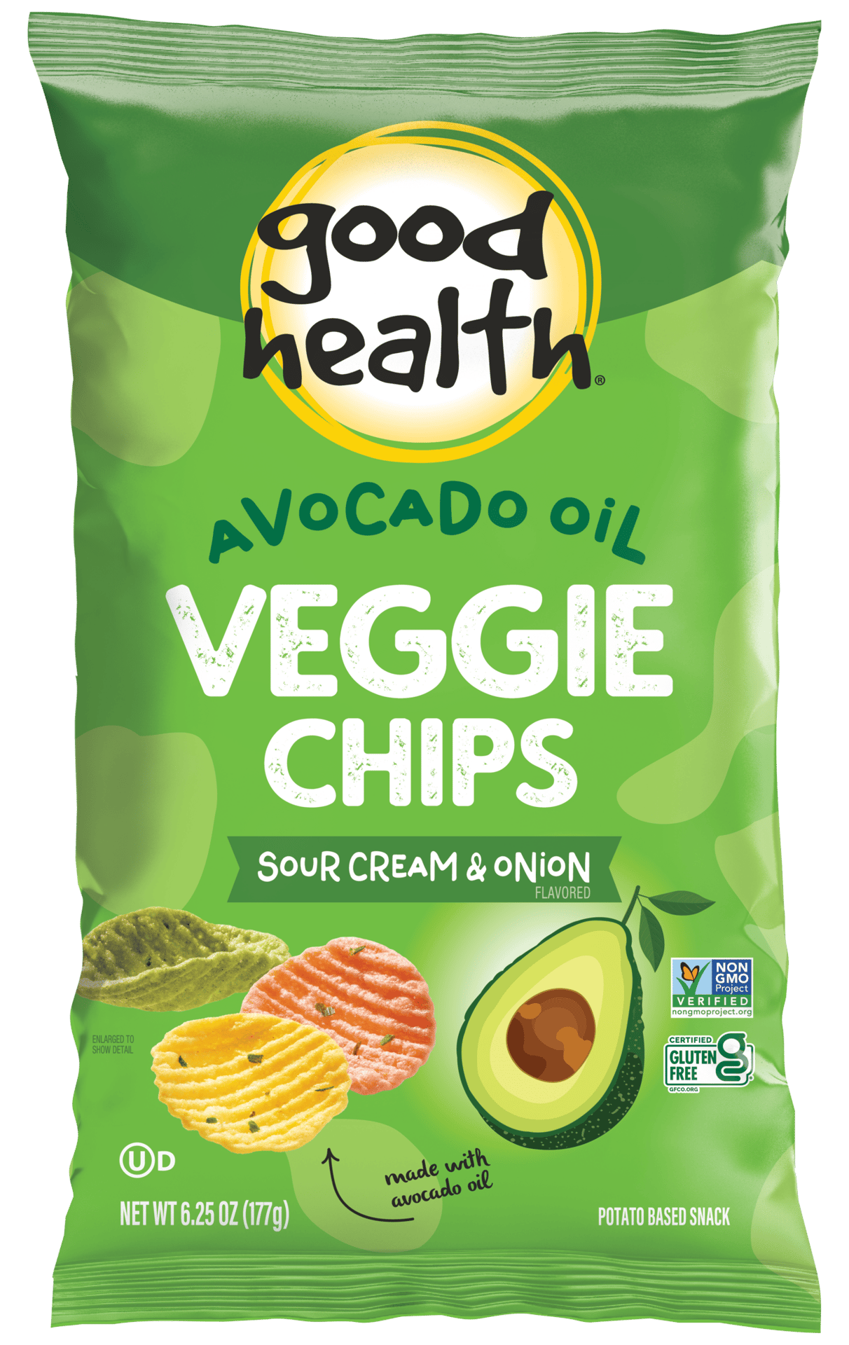 Good Health Avocado Oil veggie chips in Sour Cream & Onion flavor in green packaging